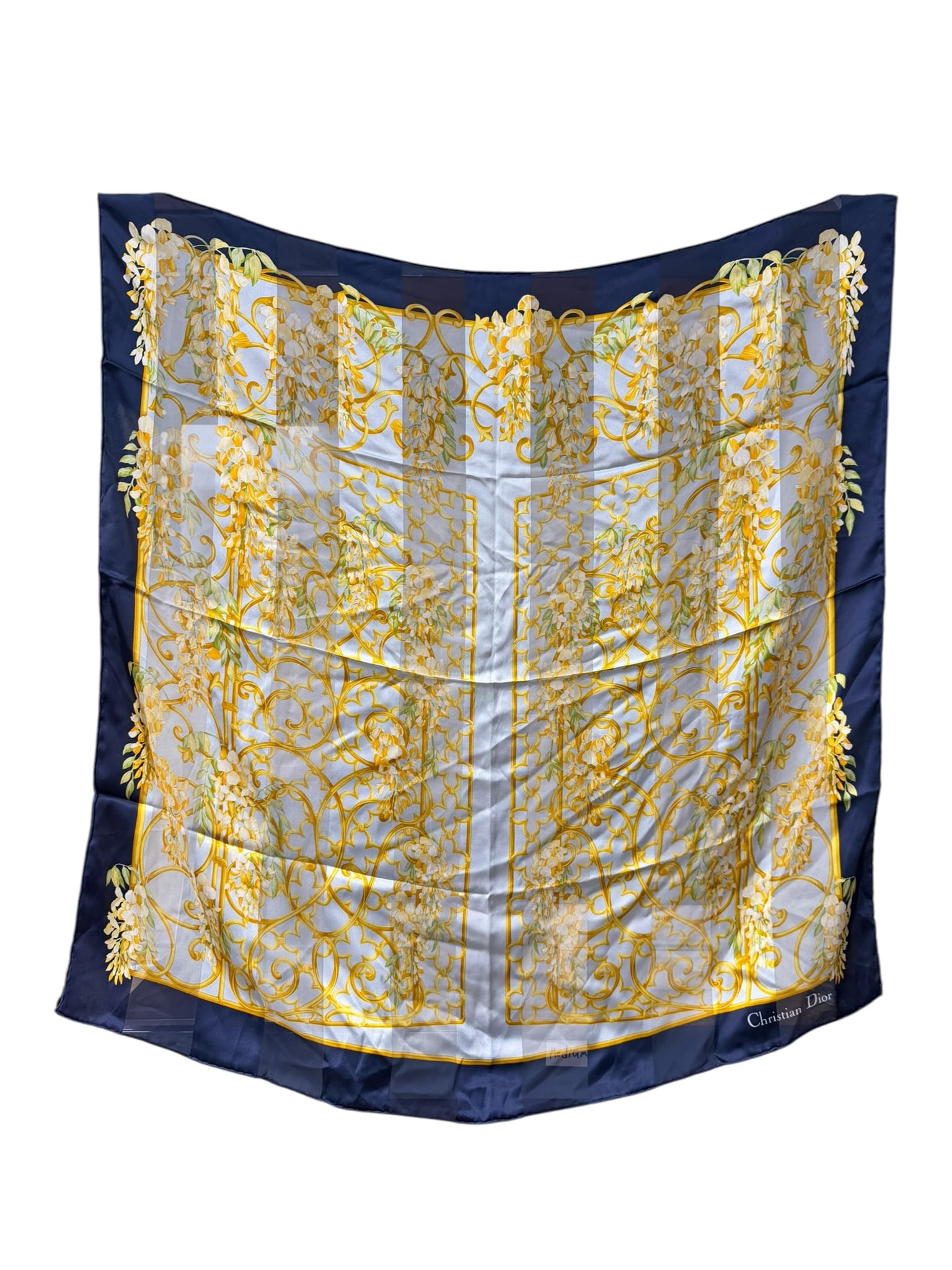 Christian Dior Dark Blue Borders Architectural Scroll Silk Scarf