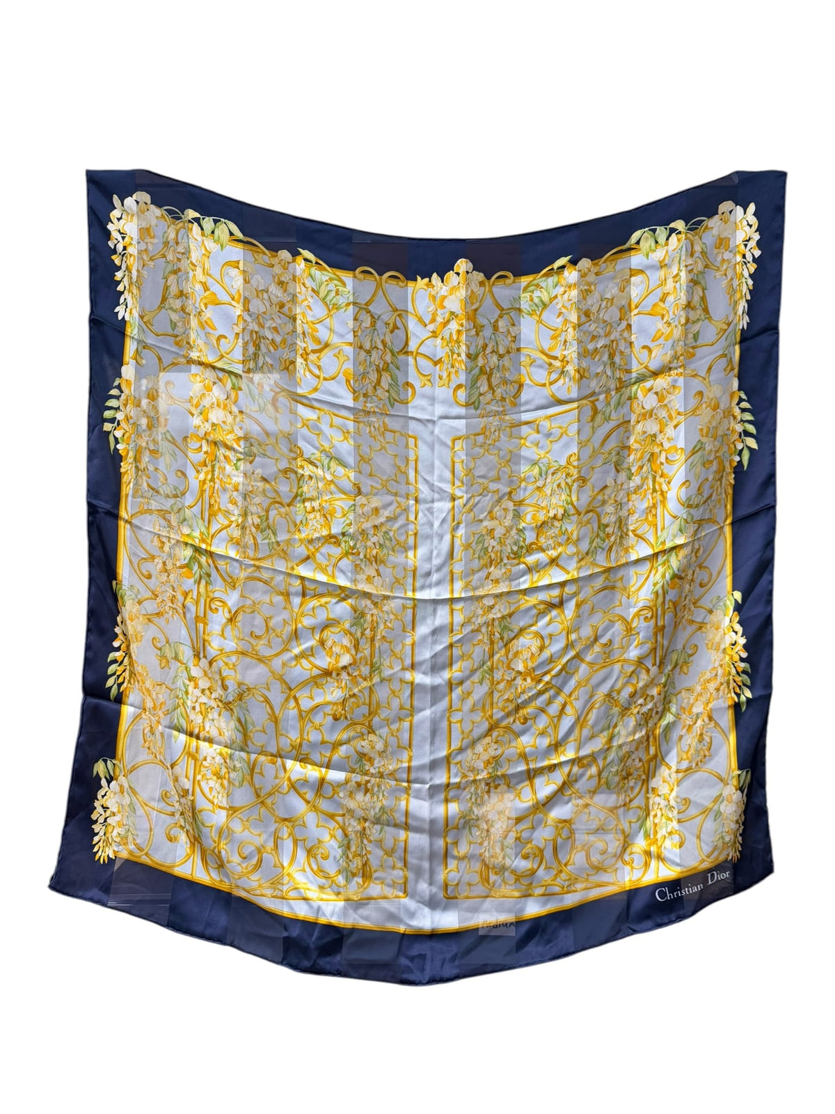 Christian Dior Dark Blue Borders Architectural Scroll Silk Scarf