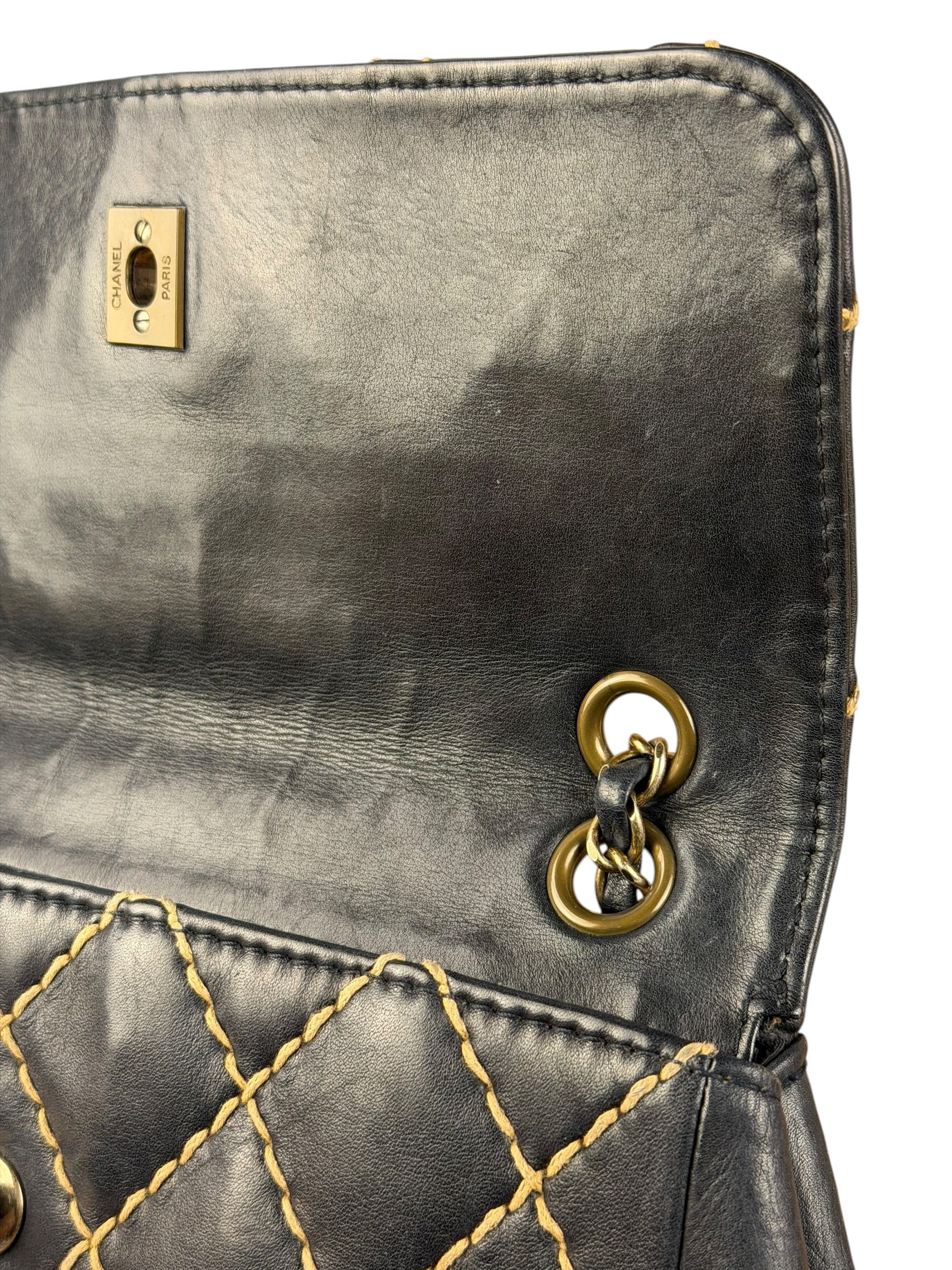 Chanel Vintage Navy Blue Leather Wild Stitch Surpique Flap Bag 2001