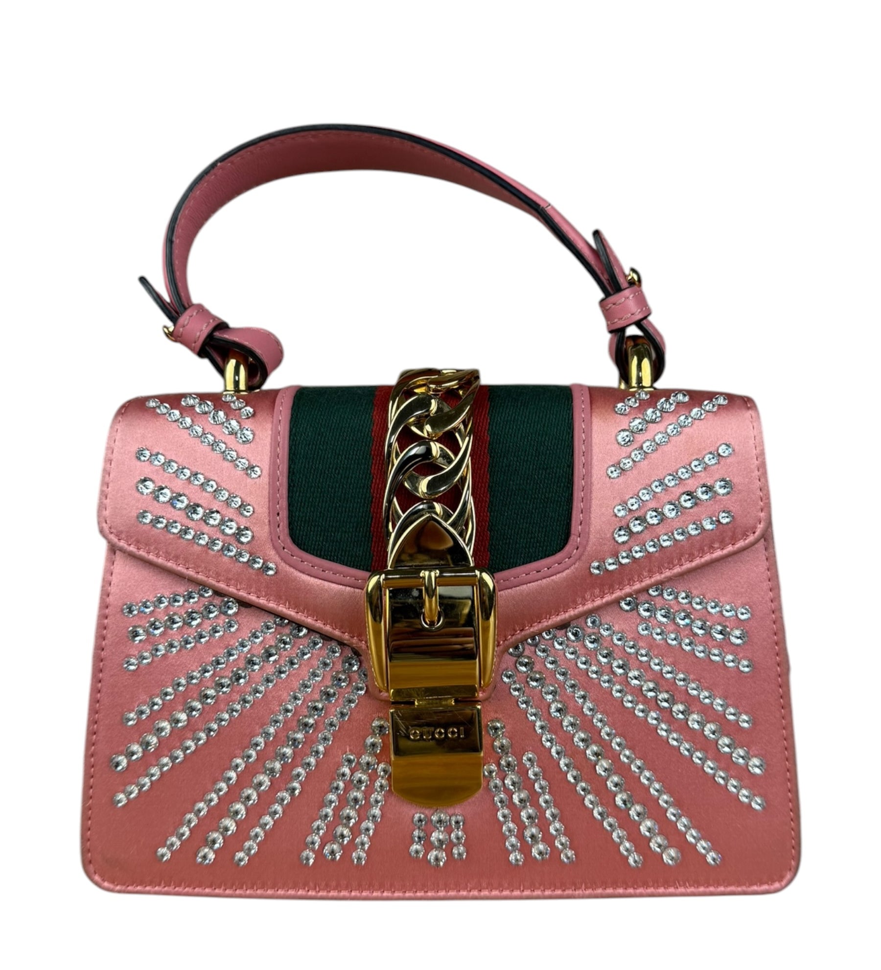 Gucci Sylvie Pink Mini Satin Embellished 2Way Handbag