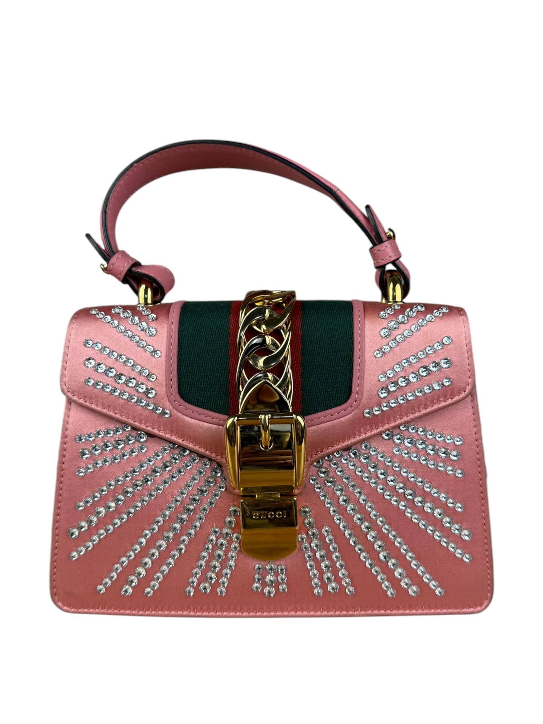 Gucci Sylvie Pink Mini Satin Embellished 2Way Handbag