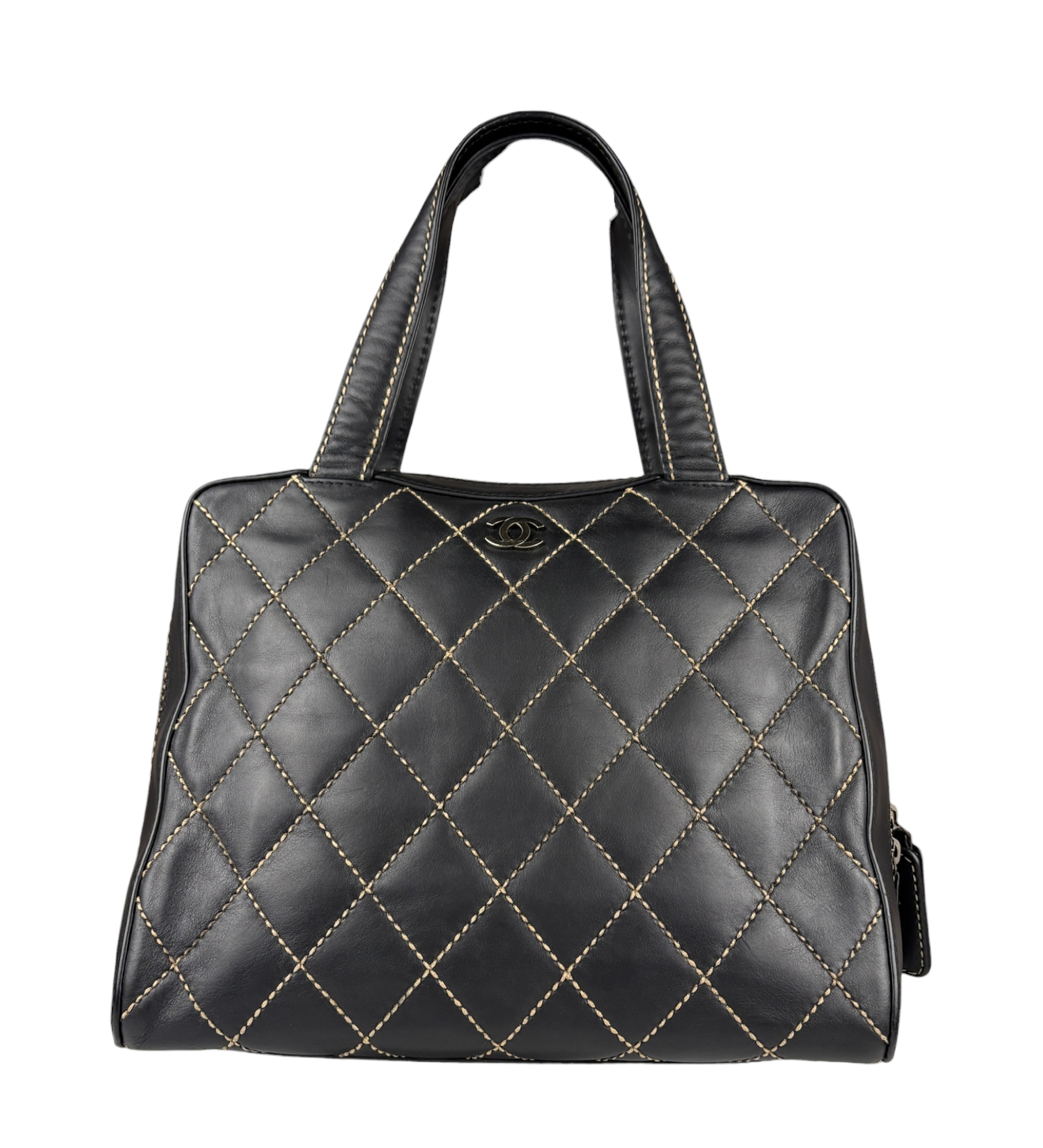 Chanel Vintage Black Leather Wild Stitch Bowler Handbag 2001