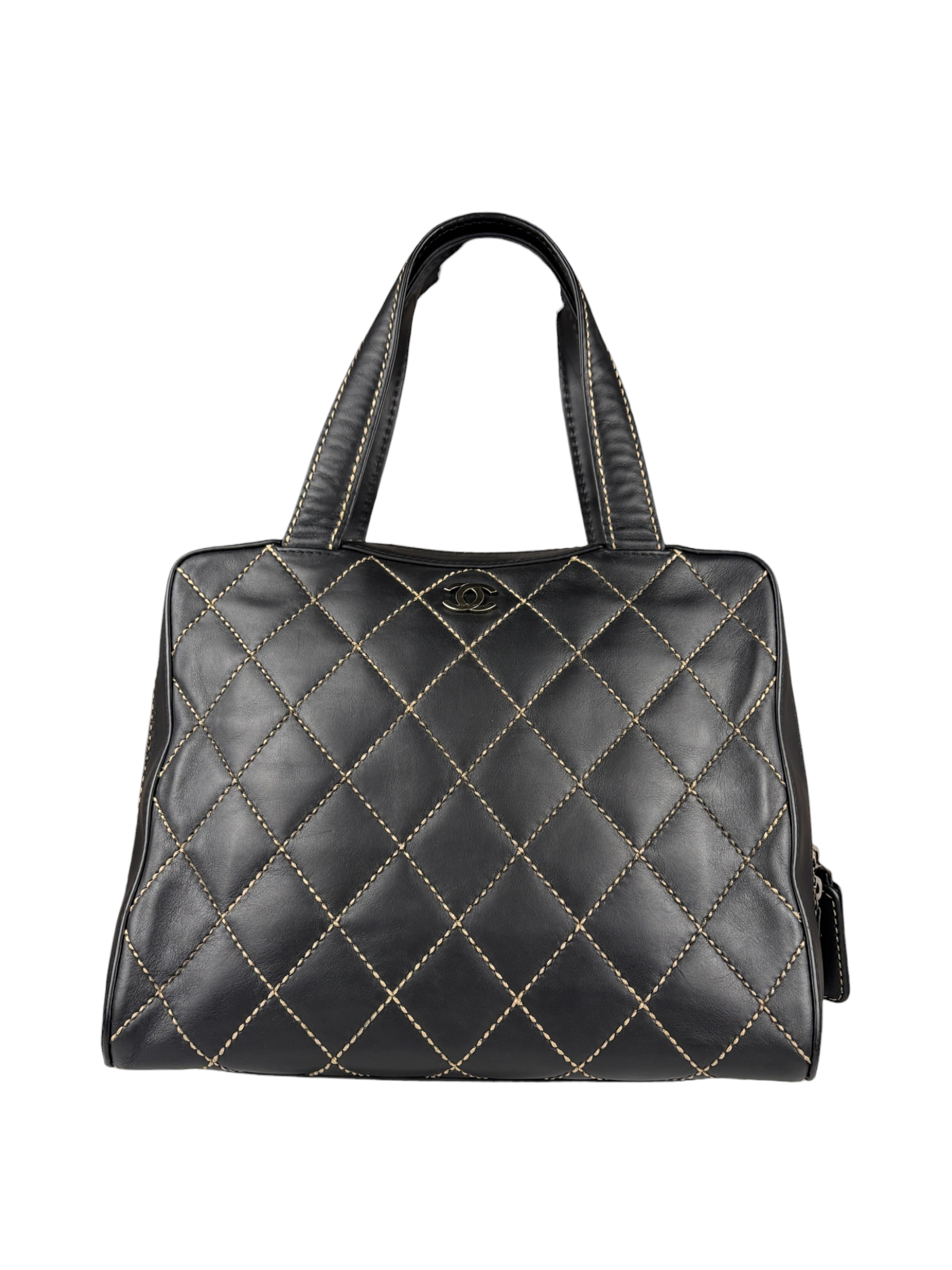 Chanel Vintage Black Leather Wild Stitch Bowler Handbag 2001
