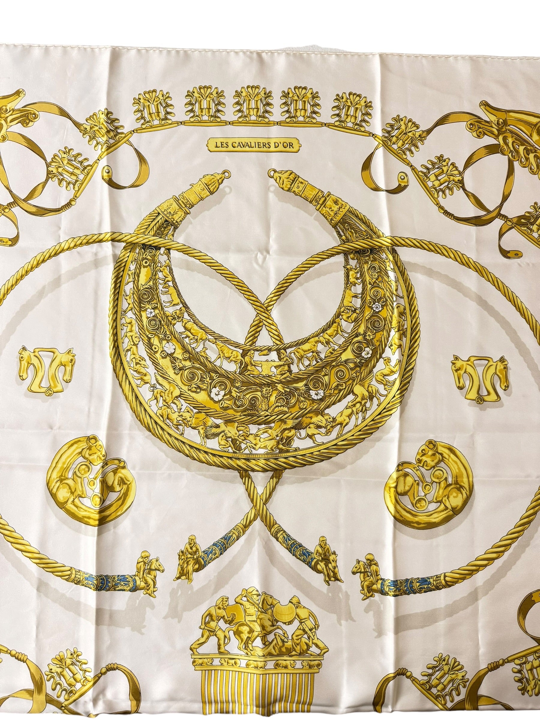 Hermes Ivory Gold Emblem Print Silk Scarf
