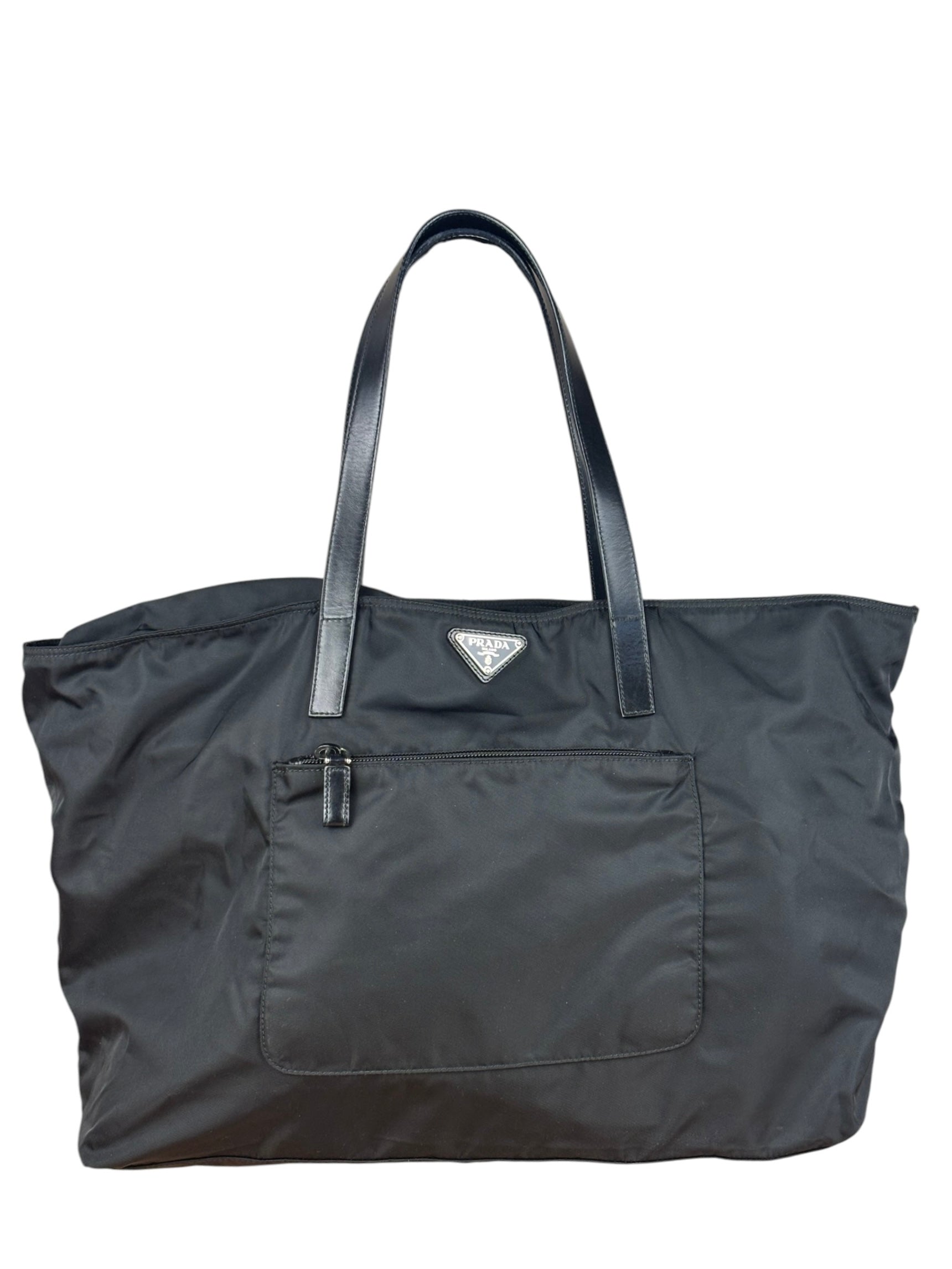Prada Black Saffiano Leather Strap Tessuto Nylon Tote Bag