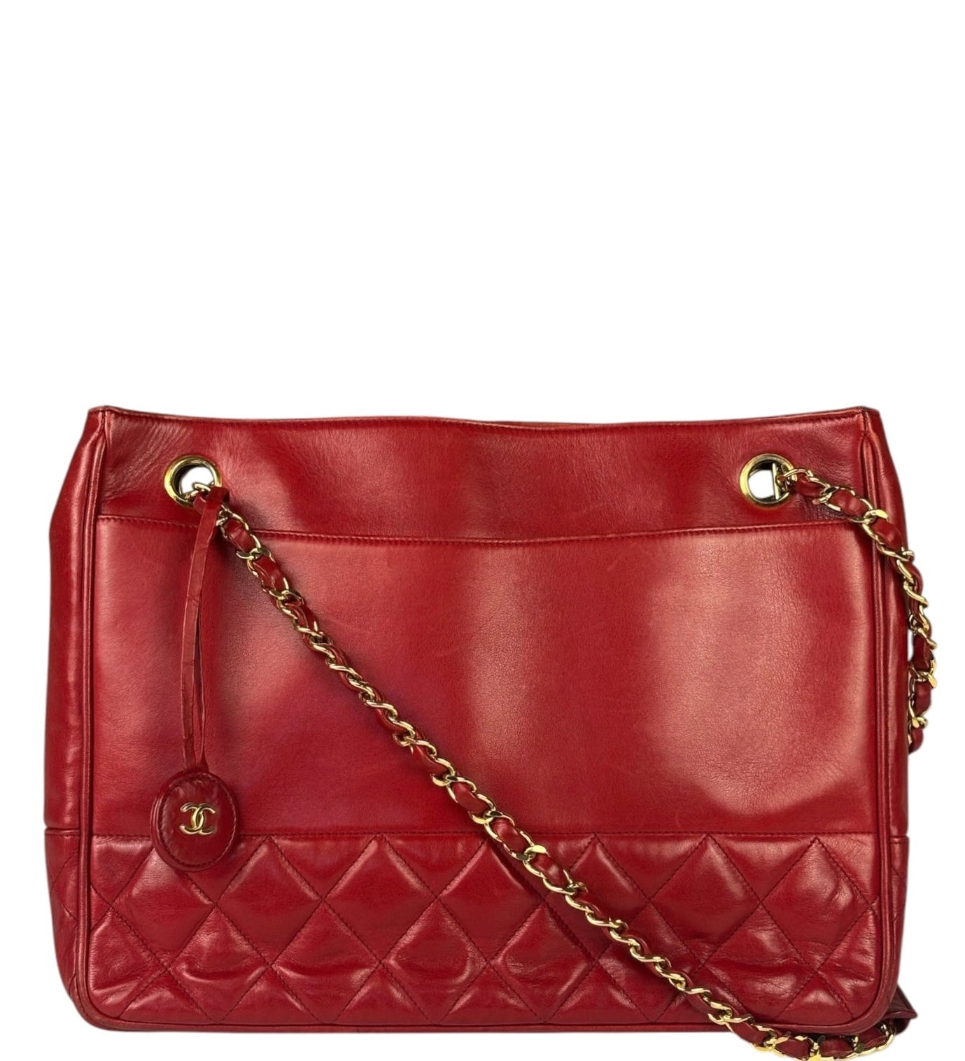 Chanel Red Quilted Lambskin Chain Tote Bag 1990