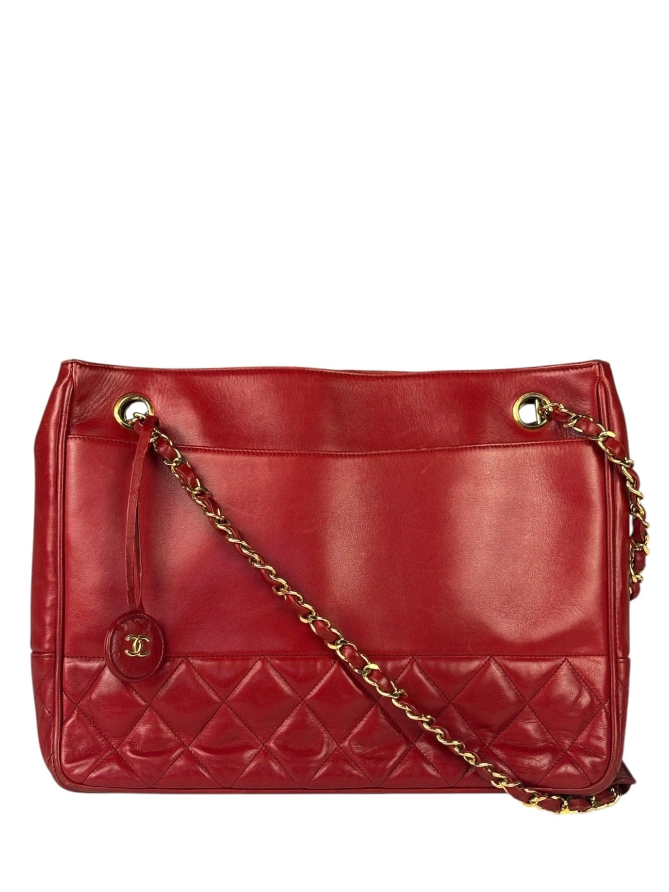 Chanel Red Quilted Lambskin Chain Tote Bag 1990