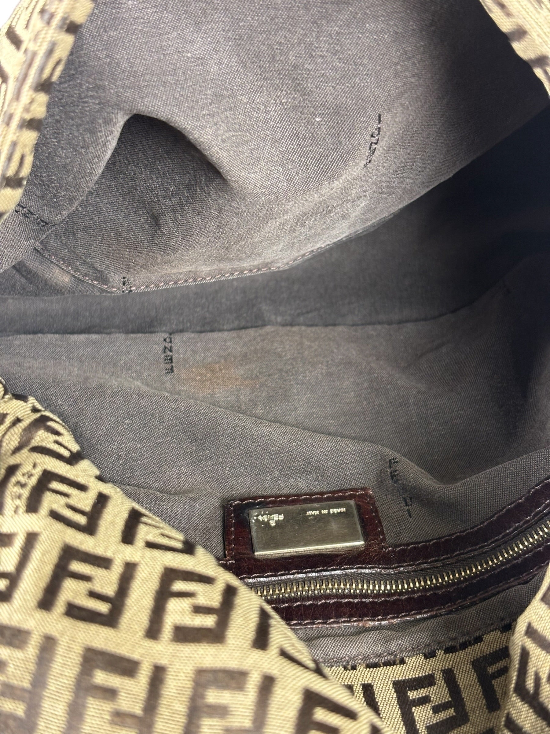 Fendi Brown Leather Trim Zucca Mamma Baguette