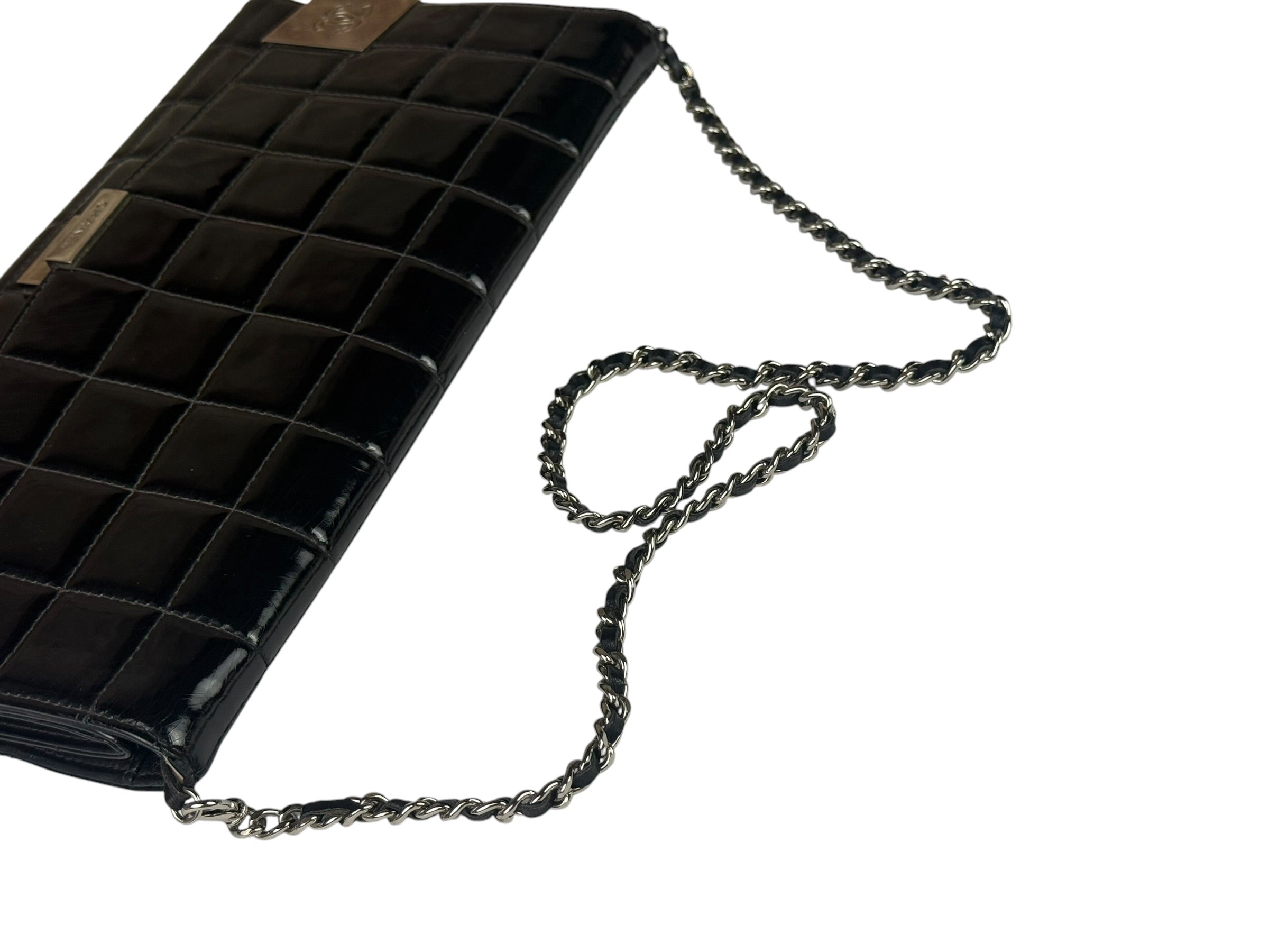 Chanel Black Patent Chocolate Bar Quilted Flap Shoulder Bag 2001