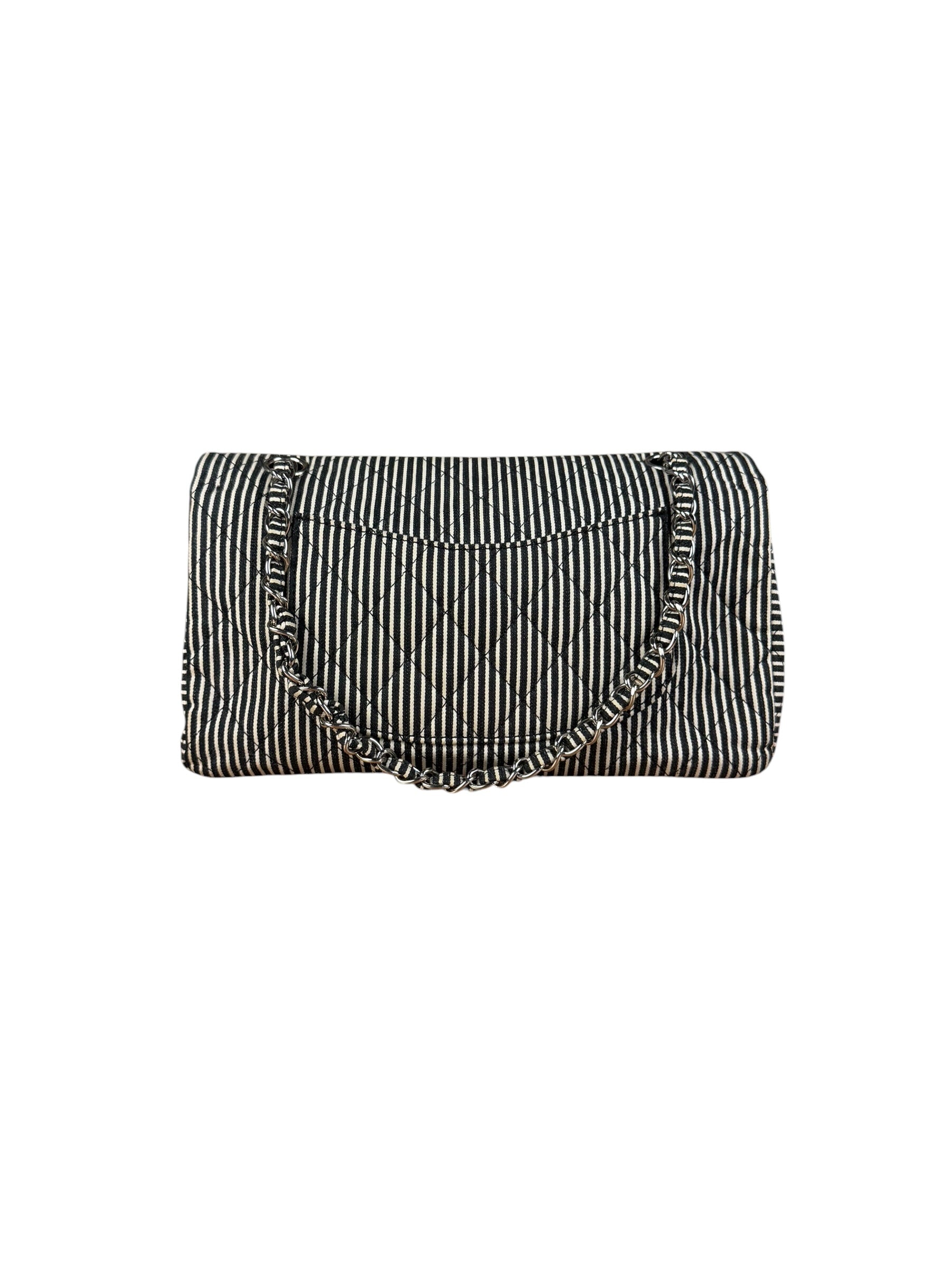 Chanel Black/White Sequin Stripped Medium Double Flap Shoulder Bag