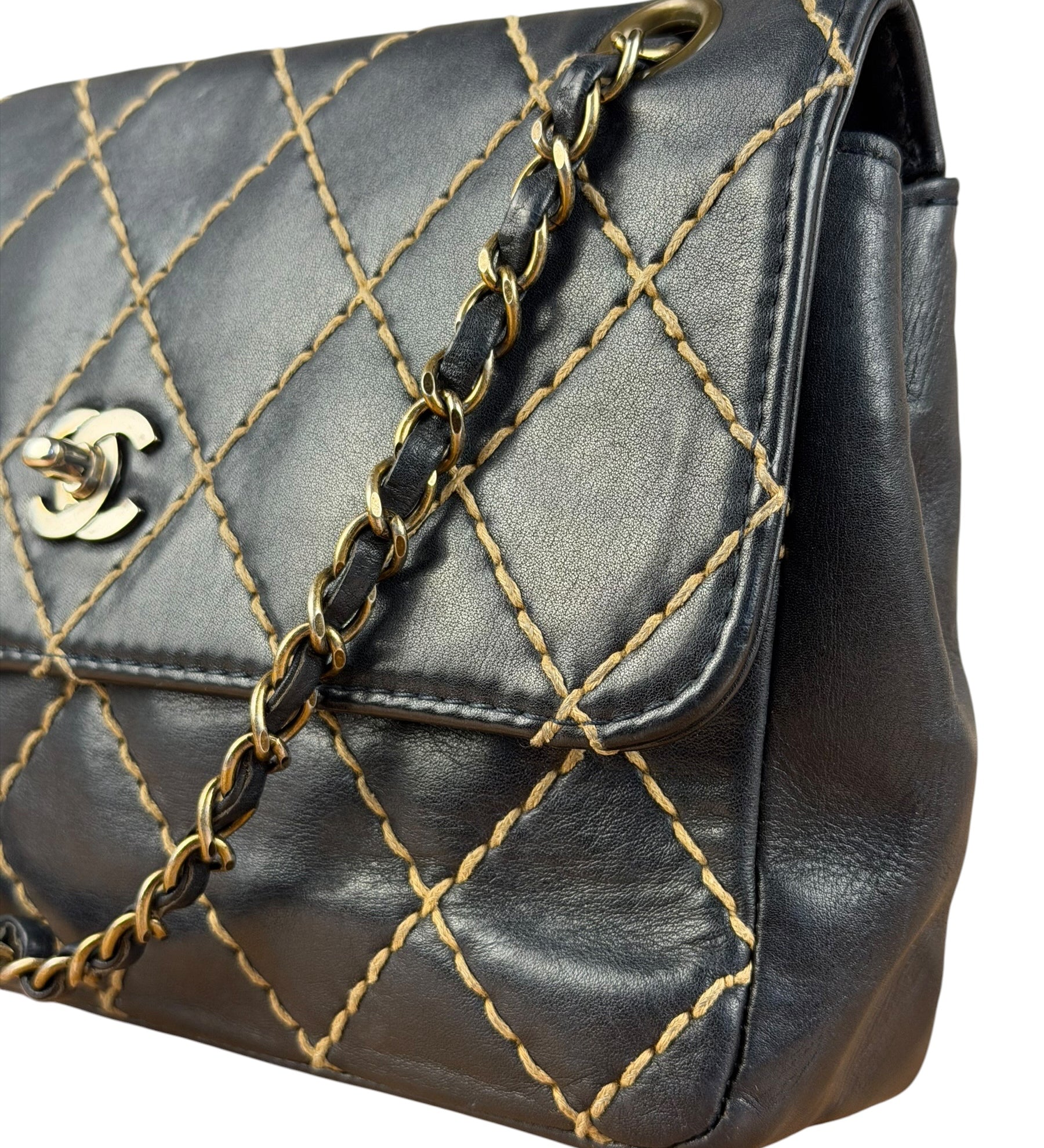 Chanel Vintage Navy Blue Leather Wild Stitch Surpique Flap Bag 2001