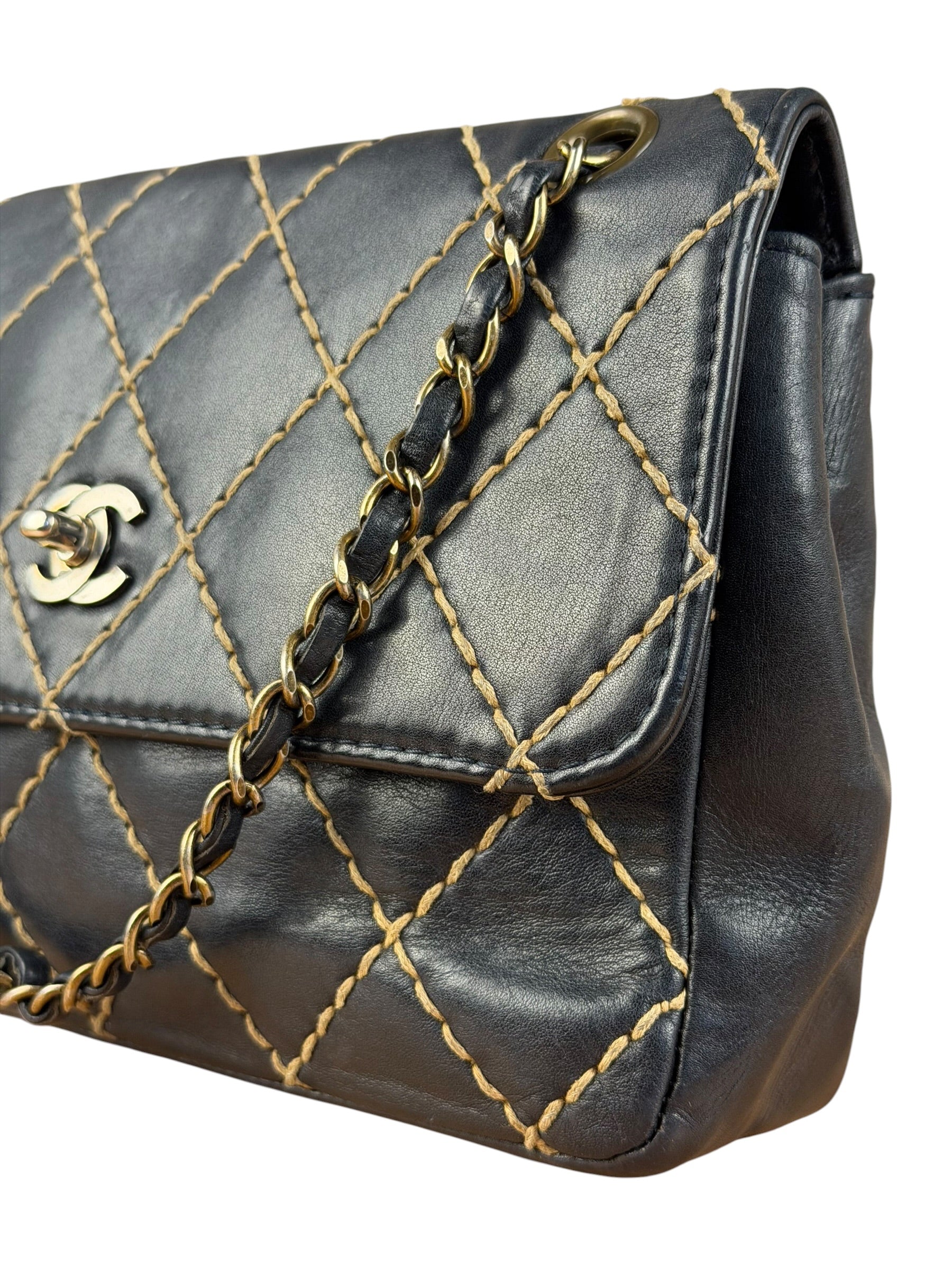 Chanel Vintage Navy Blue Leather Wild Stitch Surpique Flap Bag 2001