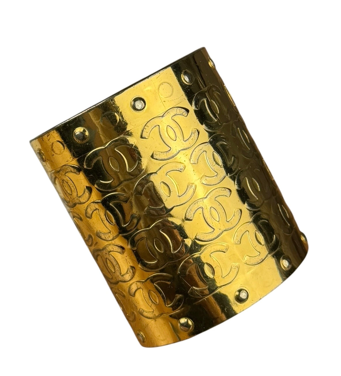 Chanel Vintage Gold CC Print Cuff Bracelet