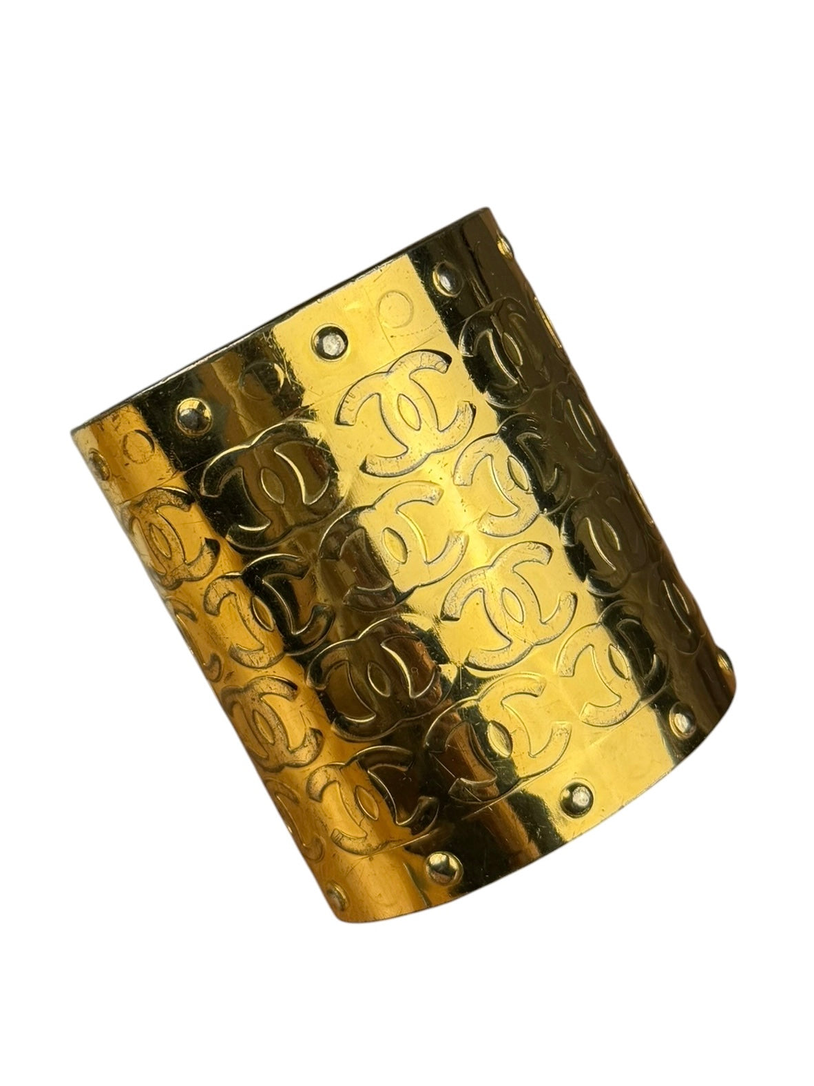 Chanel Vintage Gold CC Print Cuff Bracelet