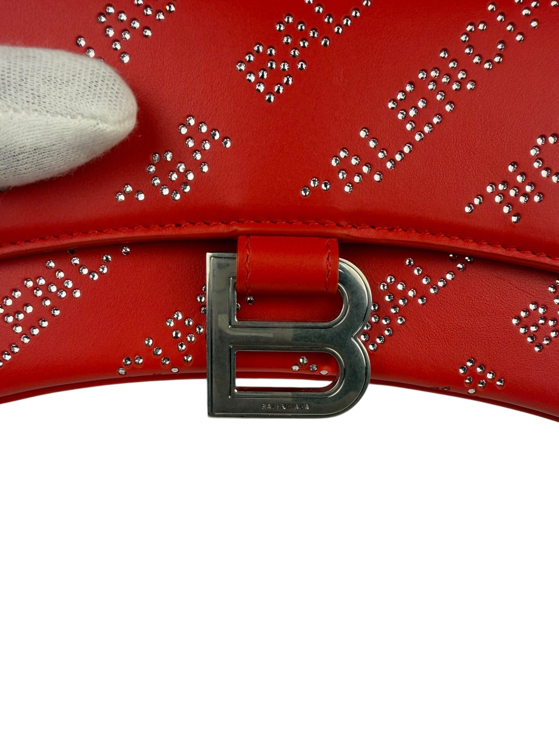 Balenciaga Red Leather Hourglass XS Rhinestones Two-Way Bag