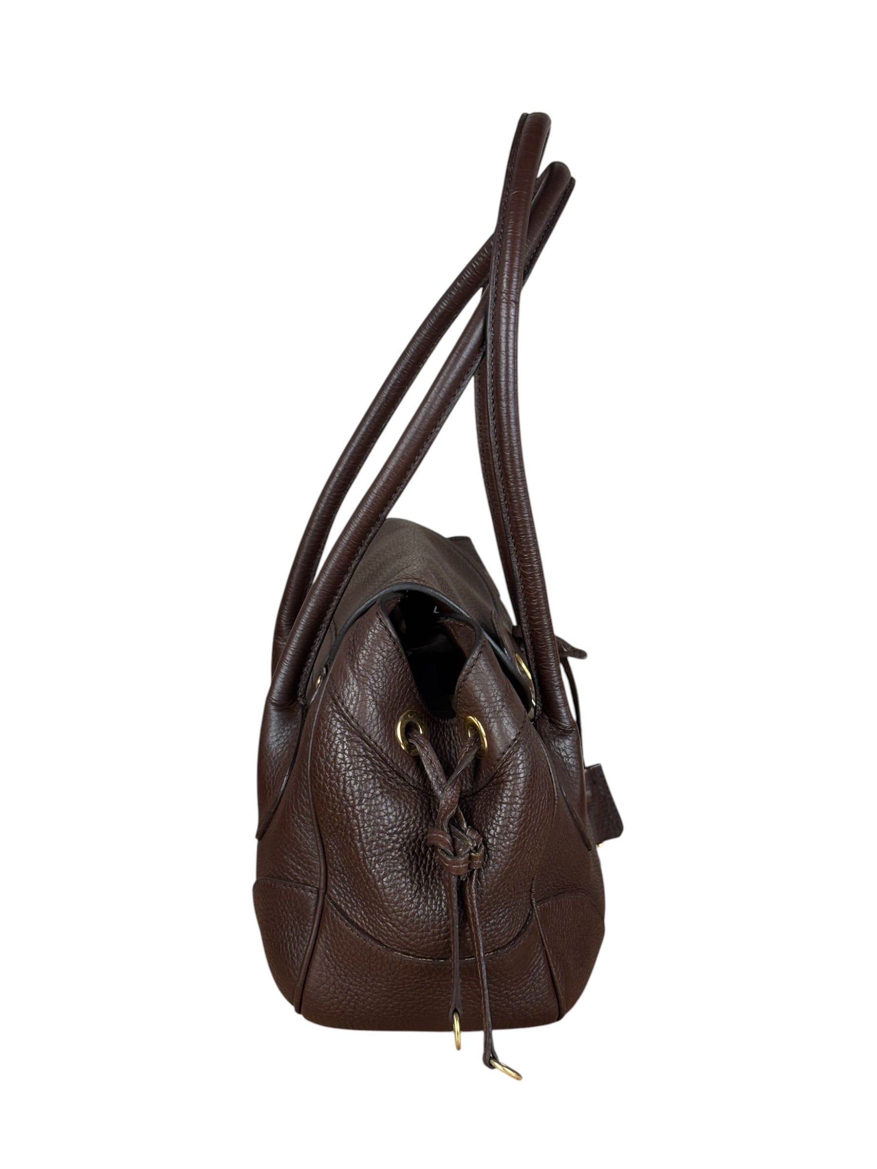 Prada Rich Brown Vitello Daino Sound Lock Satchel Shoulder Bag