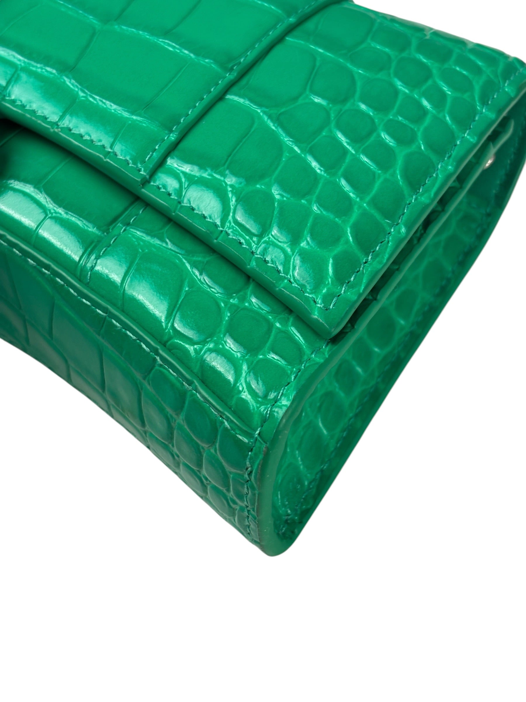 Balenciaga Green Crocodile Embossed Hourglass Wallet On Chain