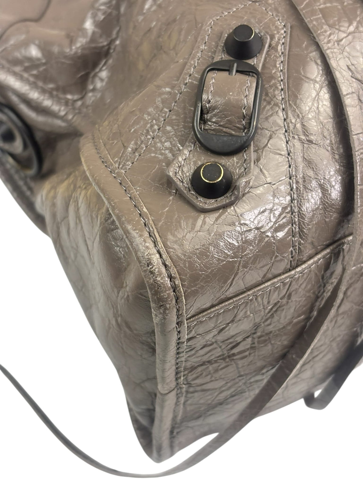 Balenciaga Stone Grey Patent Leather Moto Work Two-Way Bag