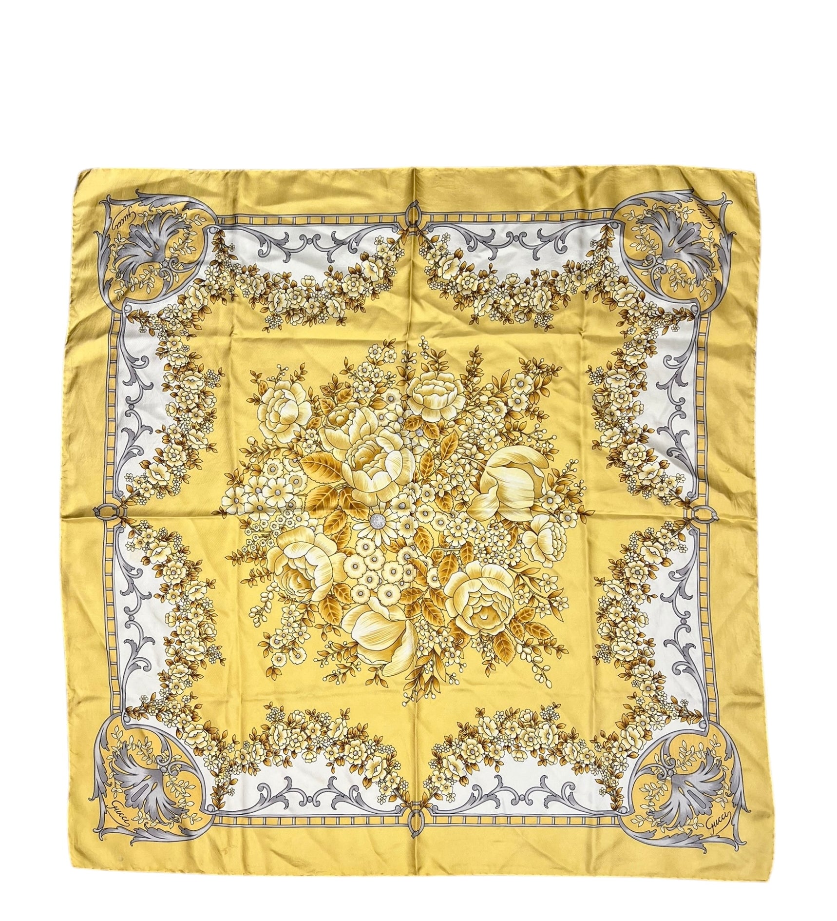 Gucci Vintage Yellow Floral Silk Scarf