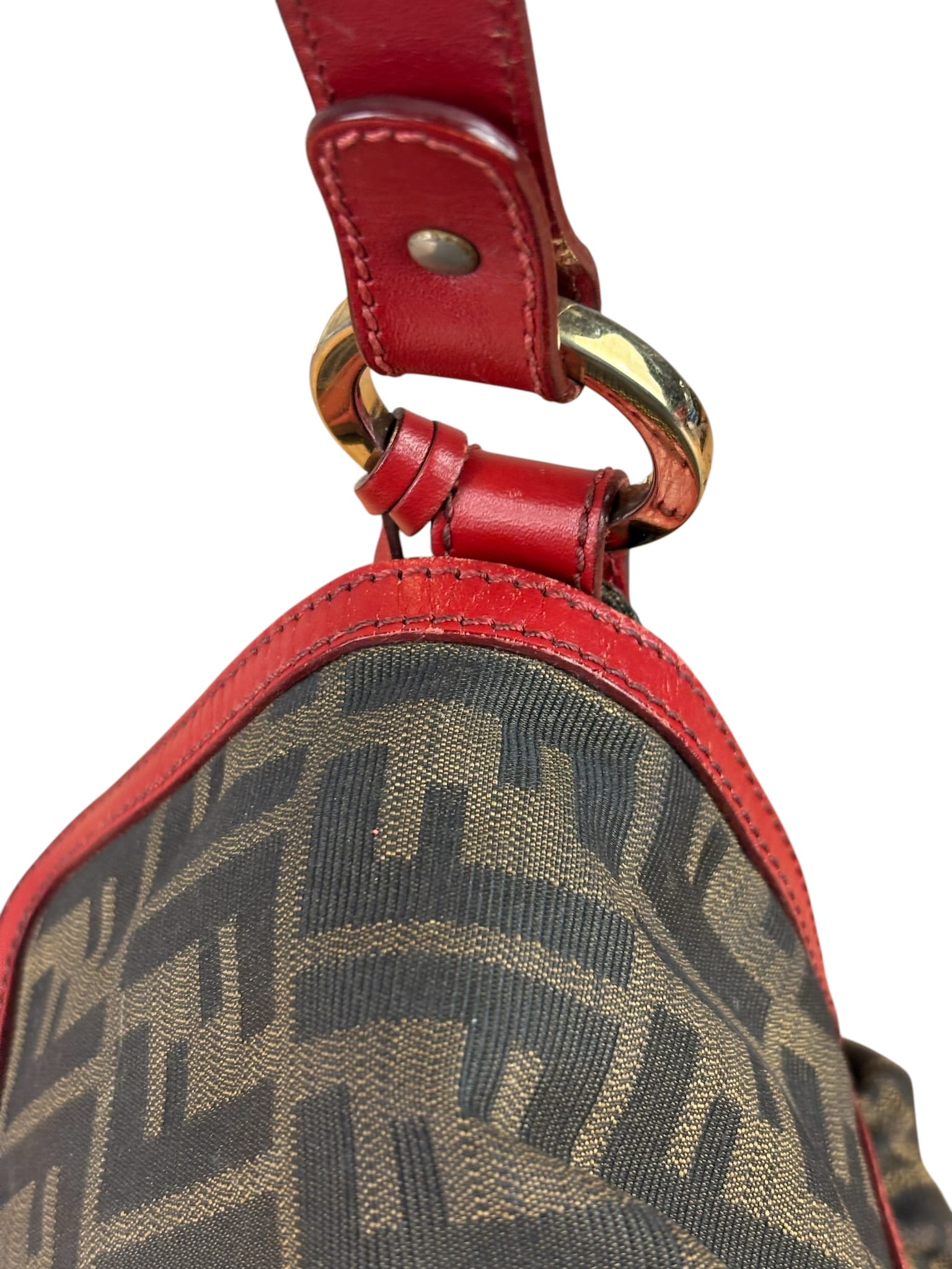 Fendi Beige/Red Leather Trim Zucca Chef Flap Bag
