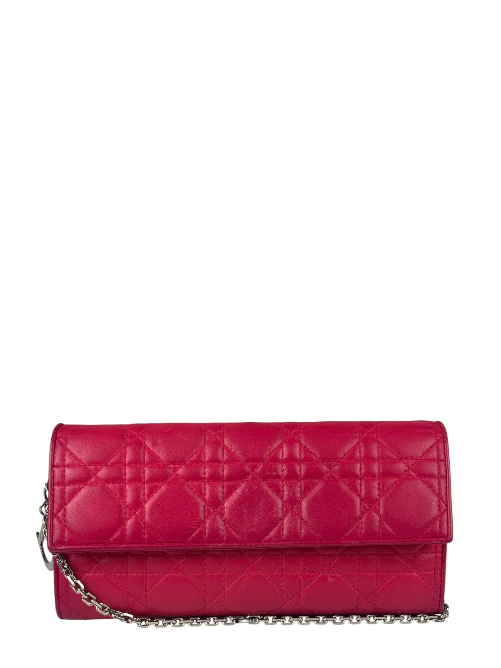 Christian Dior Pink Quilted Lambskin Lady Dior Wallet On Chain