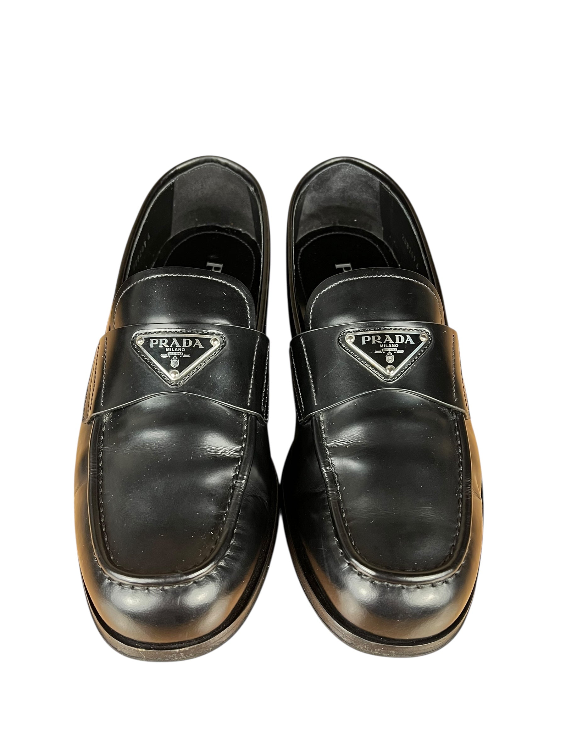 Prada Black Leather Triangle Logo Loafers