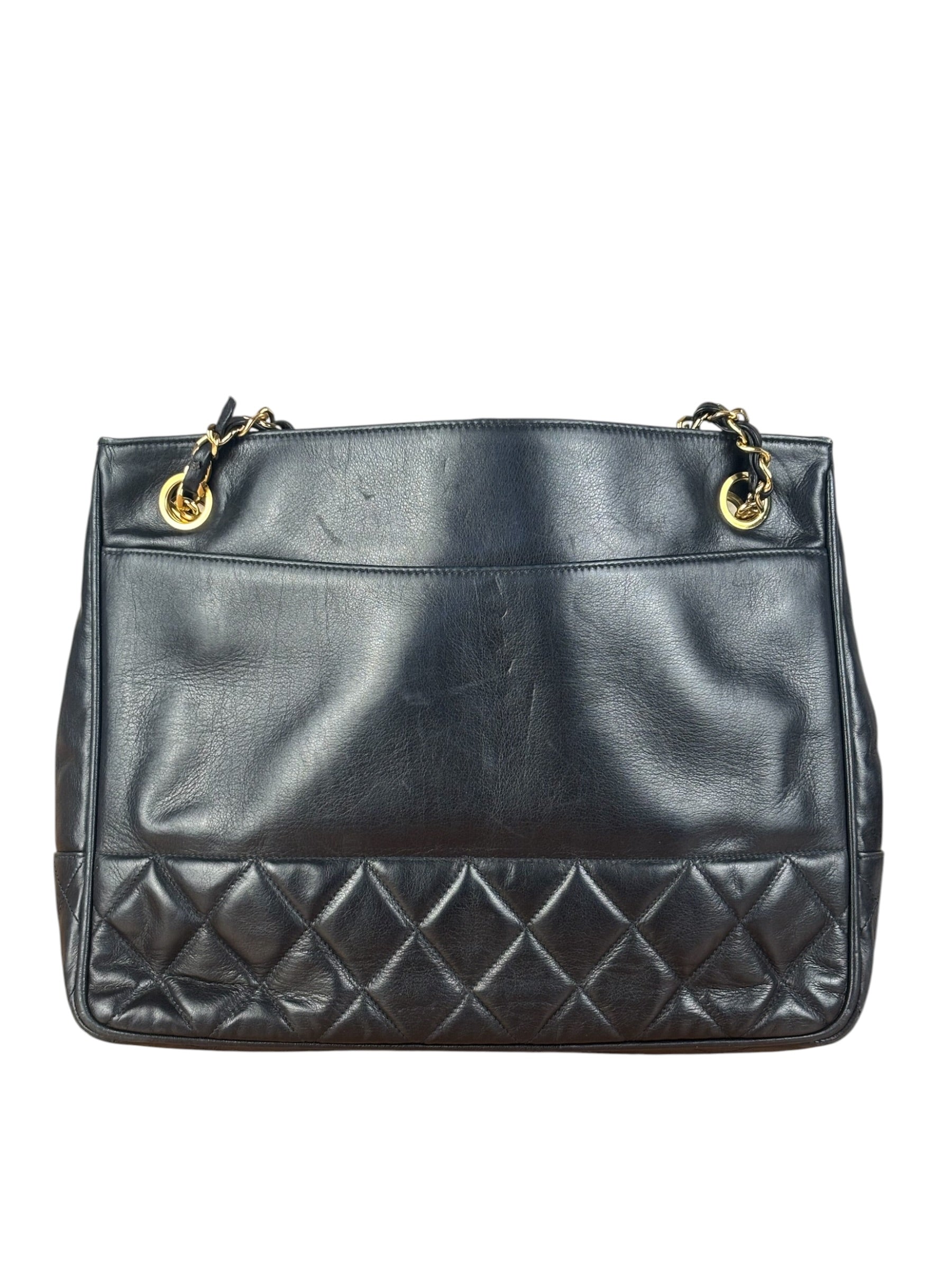 Chanel Vintage Black Leather Quilted Bottom Chain Tote Bag 1987