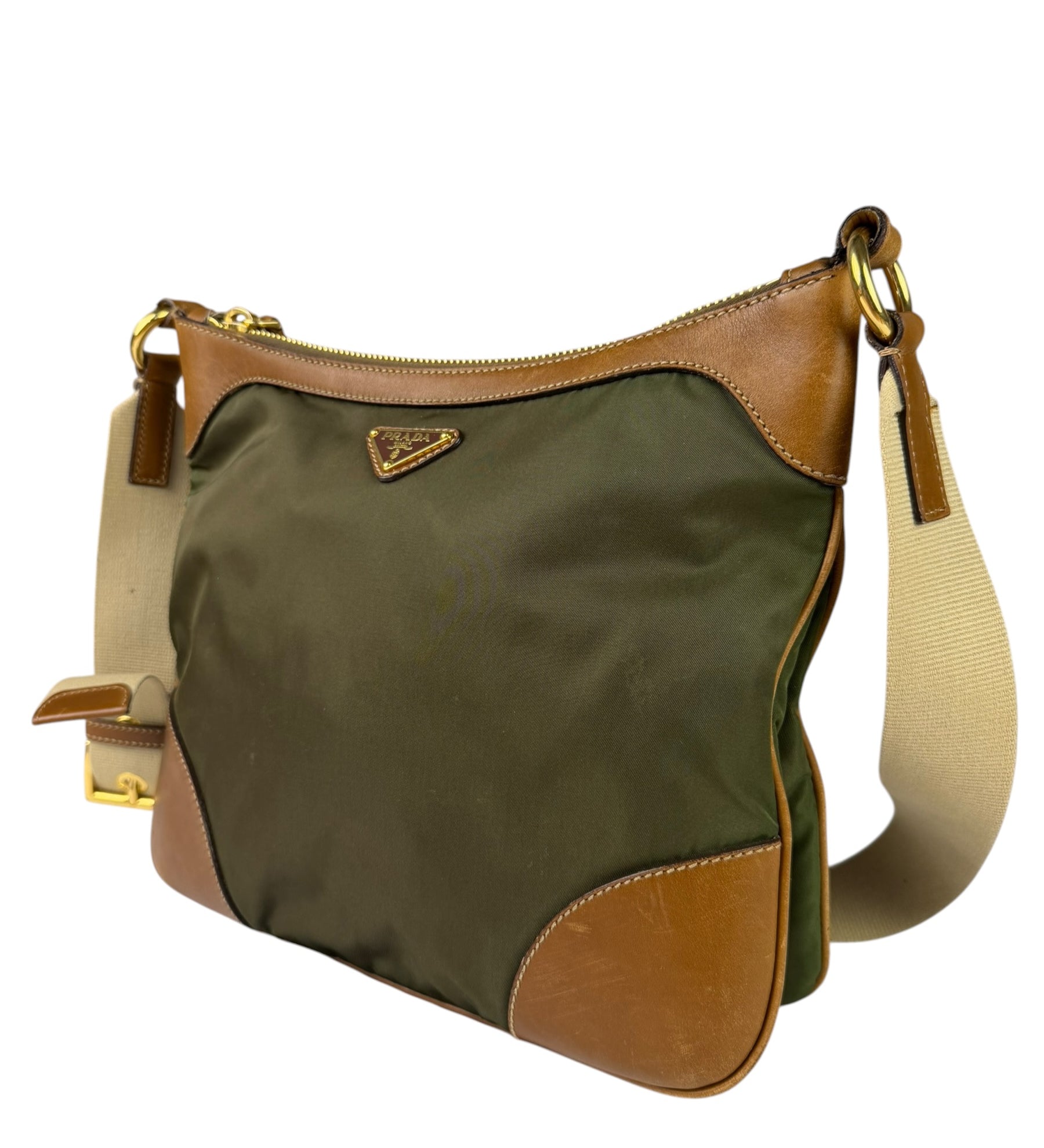 Prada Green/Brown Nylon/Leather Trim Crossbody Bag