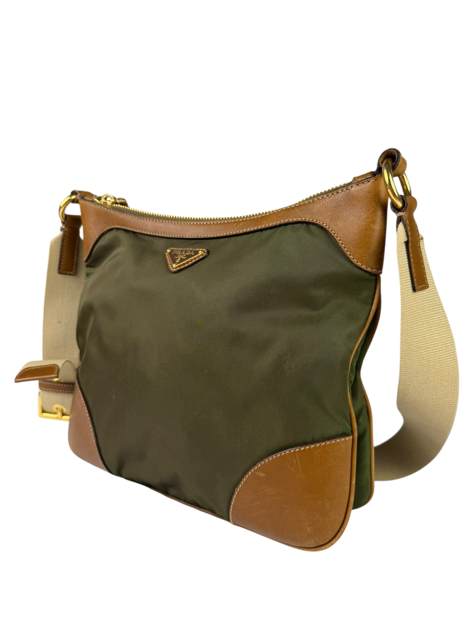 Prada Green/Brown Nylon/Leather Trim Crossbody Bag