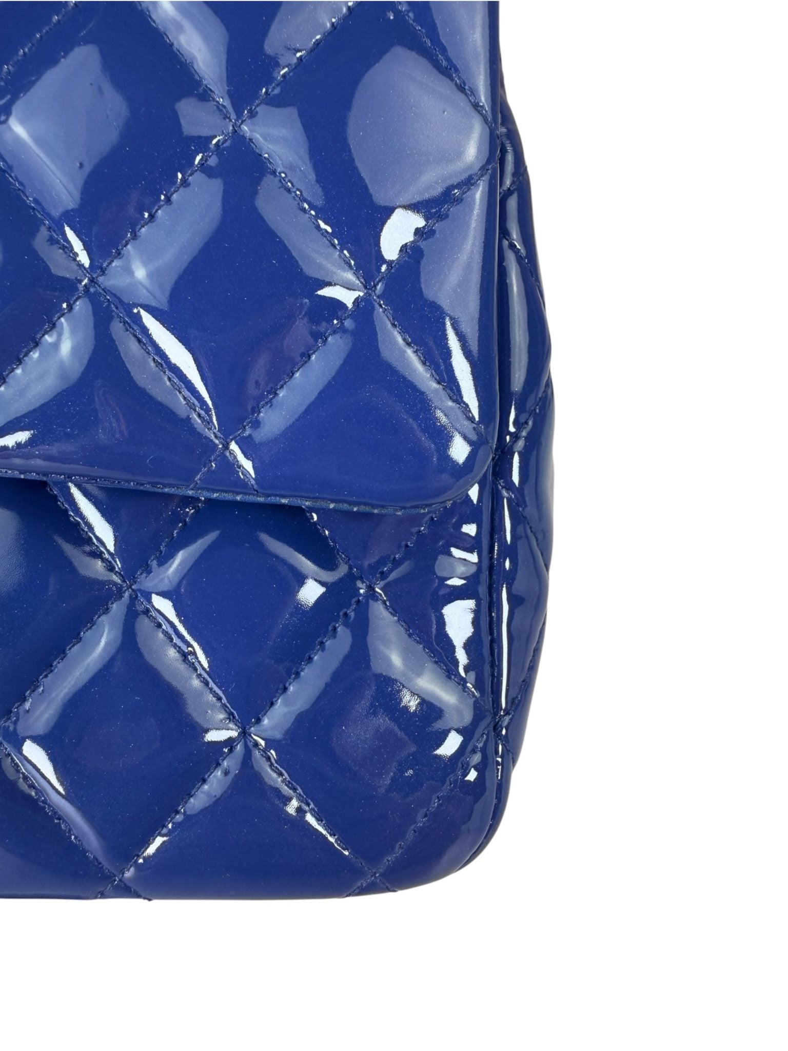 Chanel Shiny Blue Quilted Patent Leather Trim Double Flap Bag 2012