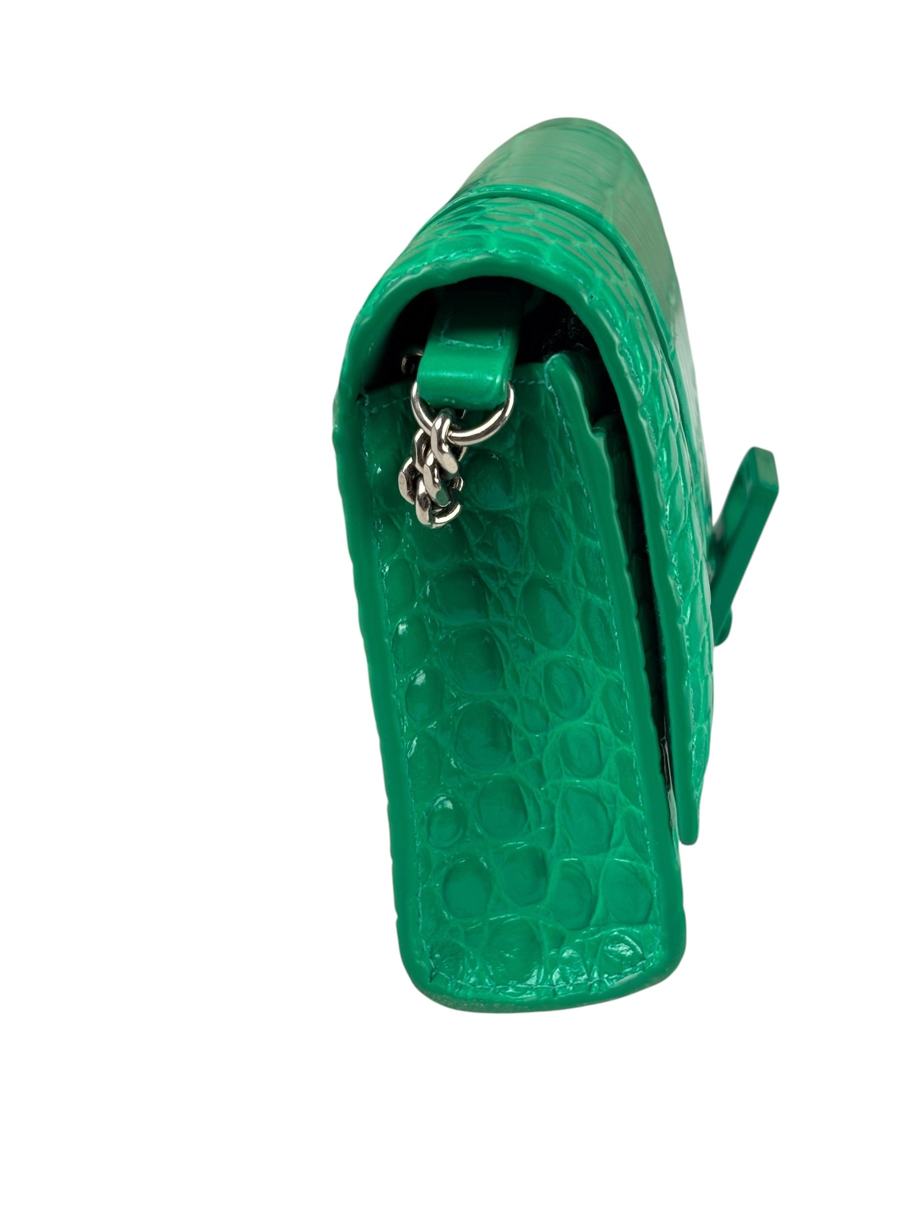 Balenciaga Green Crocodile Embossed Hourglass Wallet On Chain