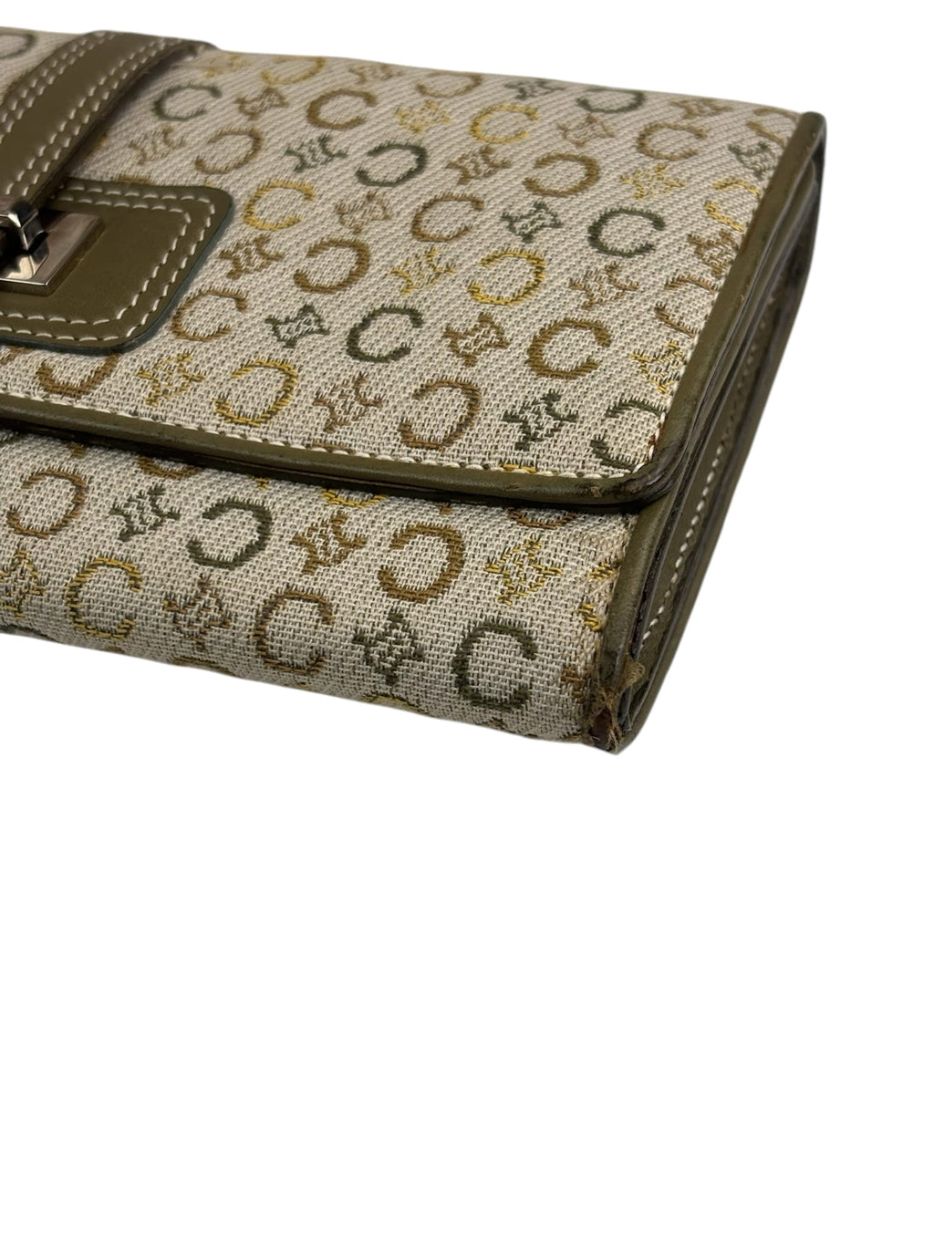 Celine Green/Beige Leather Trim Macadam Flap Wallet