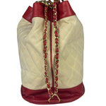 Chanel Vintage Beige/Red Leather Trim Drawstring Bucket Bag 1989