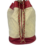 Chanel Vintage Beige/Red Leather Trim Drawstring Bucket Bag 1989