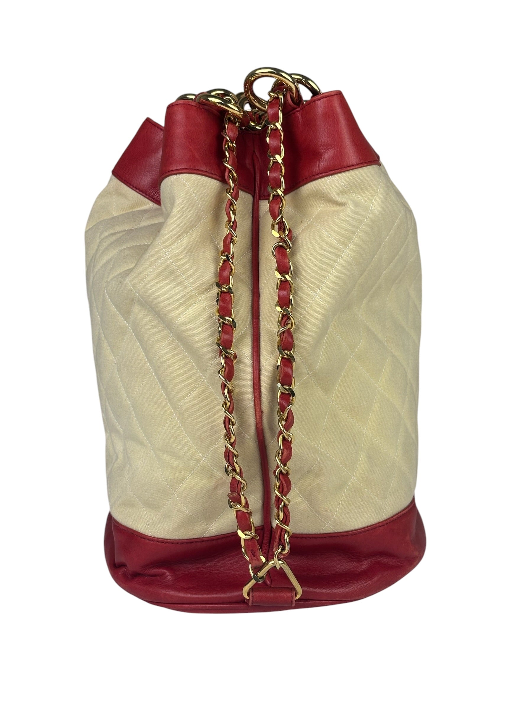 Chanel Vintage Beige/Red Leather Trim Drawstring Bucket Bag 1989