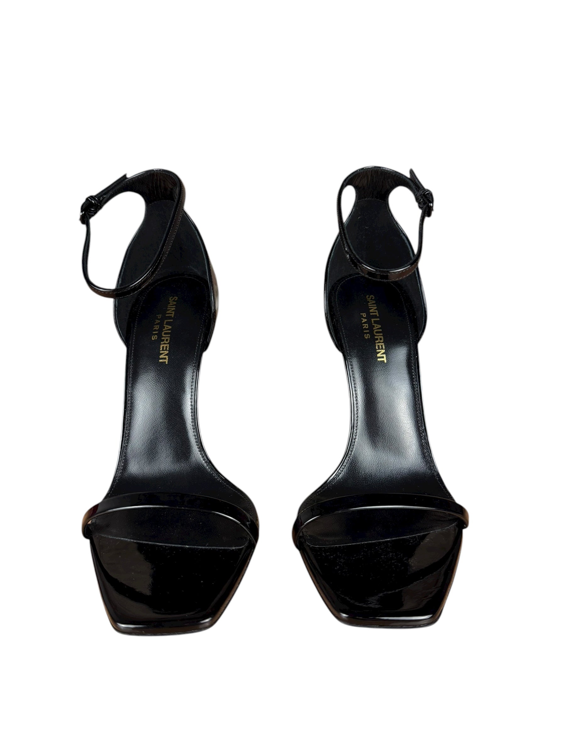Saint Laurent Glossy Black Gold Logo Heels