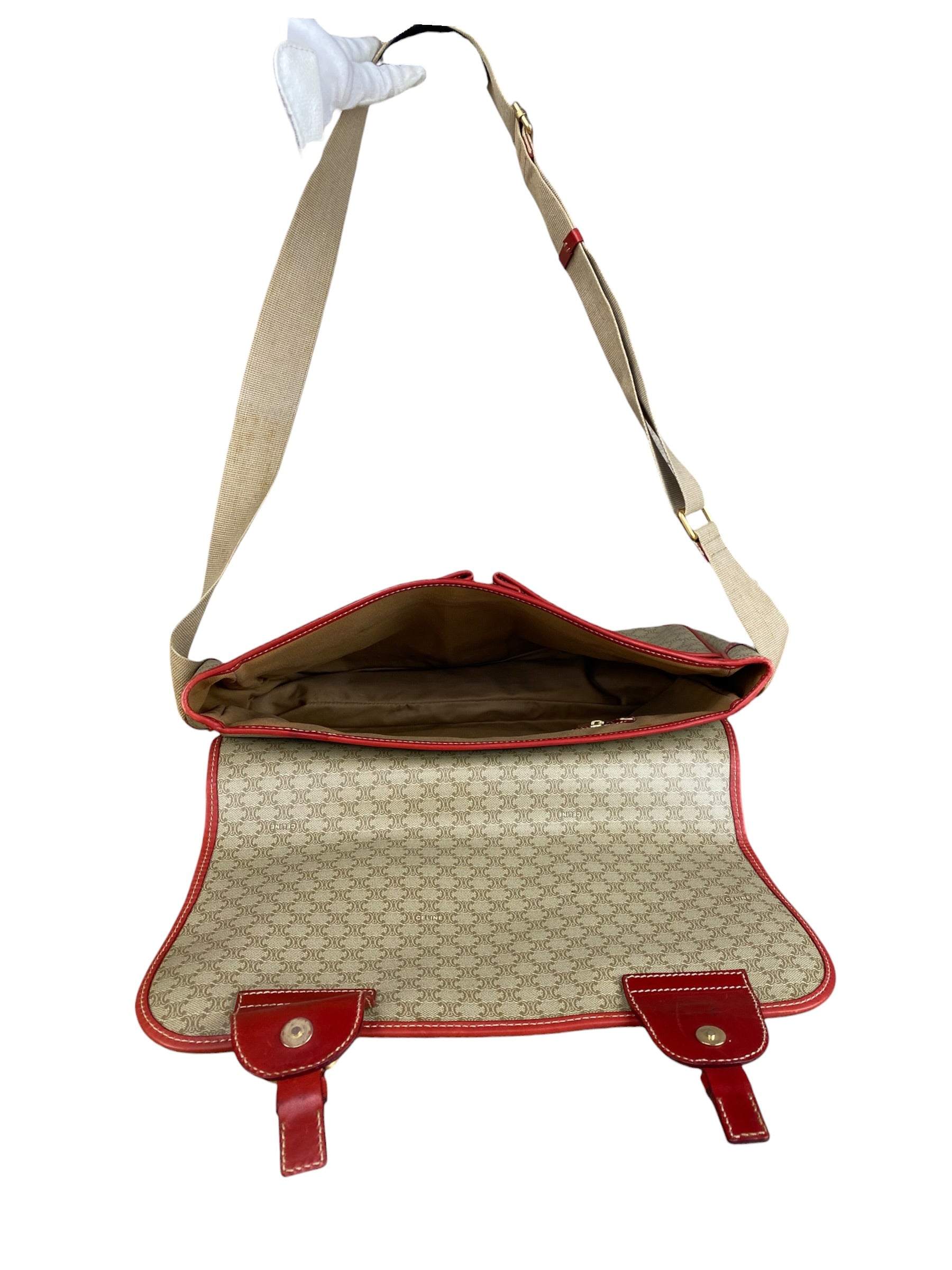 Celine Vintage Macadam Print Red Lined Flap Messenger Bag