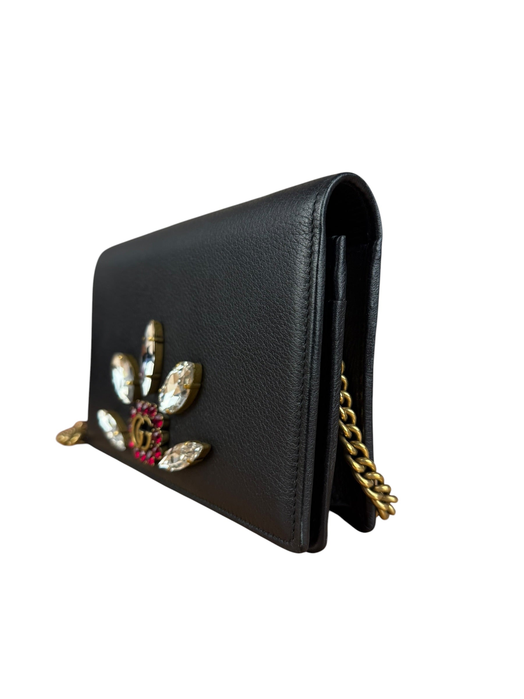 Gucci GG Crystal Embellished Black Leather Wallet on Chain Bag