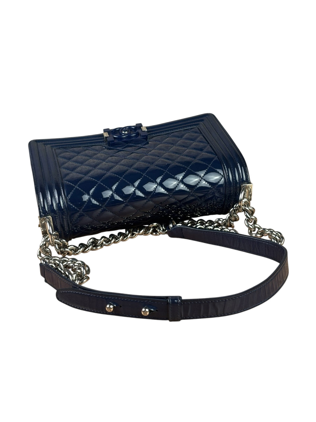Chanel Navy Patent Quilted Leather Boy Flap Bag 2016