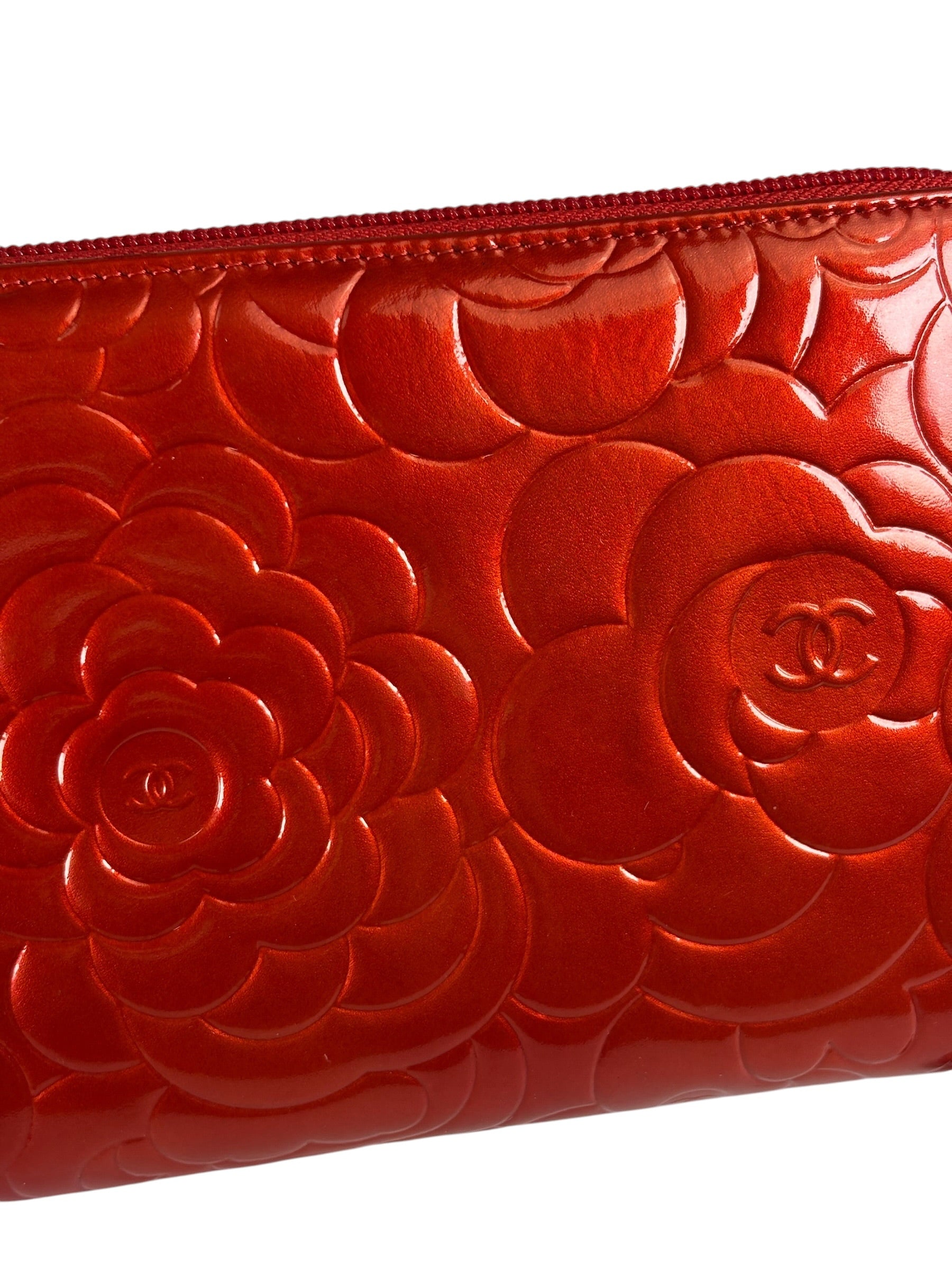 Chanel Red Patent Leather Embossed Camellia Zip-Around Wallet 2010
