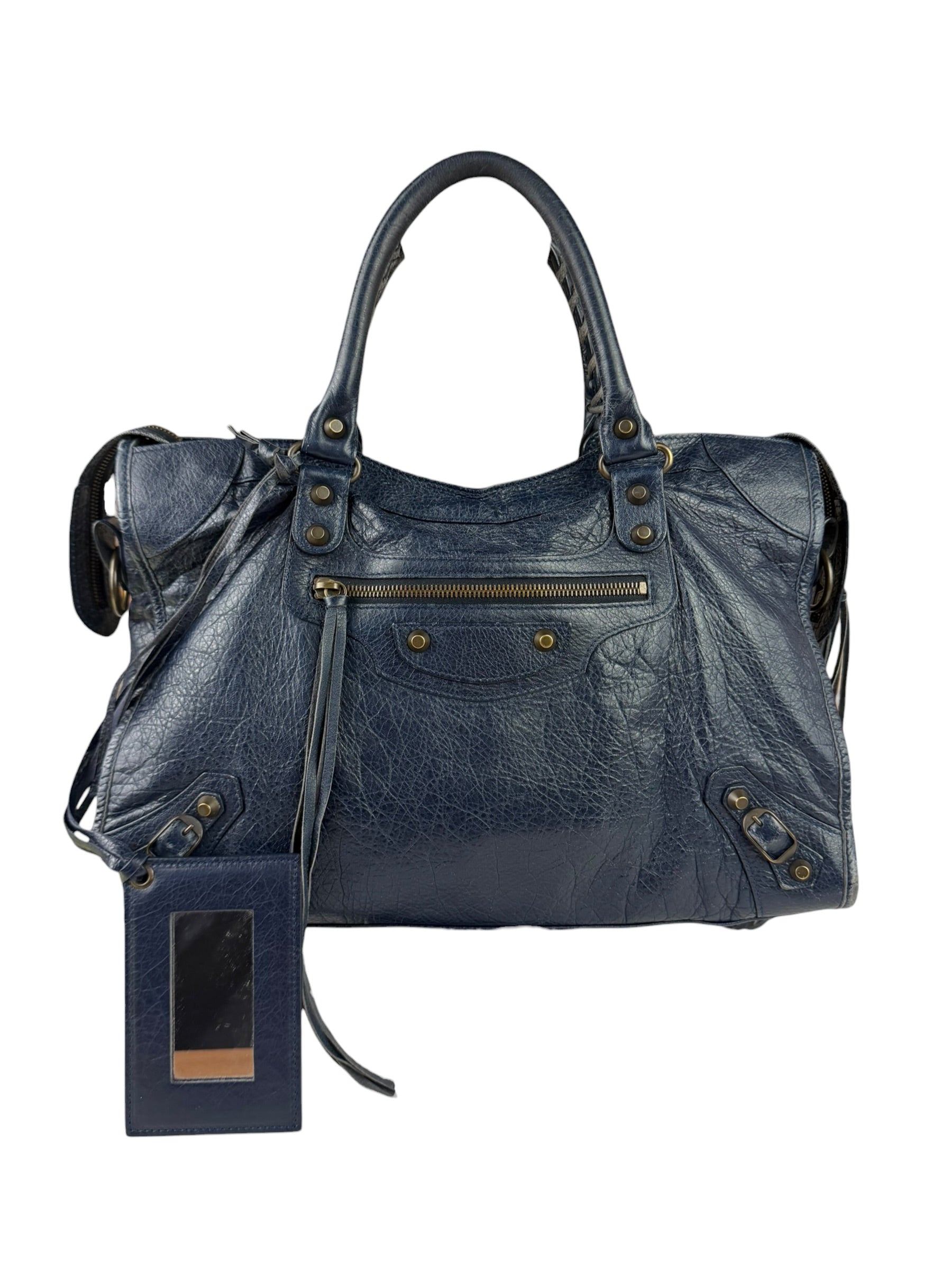 Balenciaga Navy Lambskin Moto Work Two-Way Bag