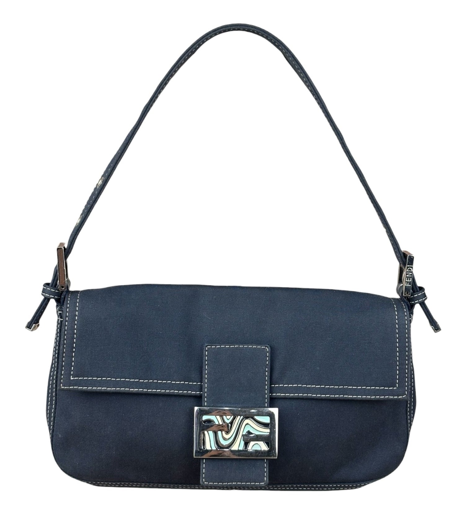 Fendi FF Wave Buckle Denim Baguette