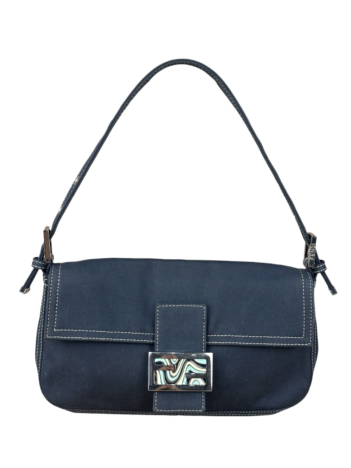 Fendi FF Wave Buckle Denim Baguette