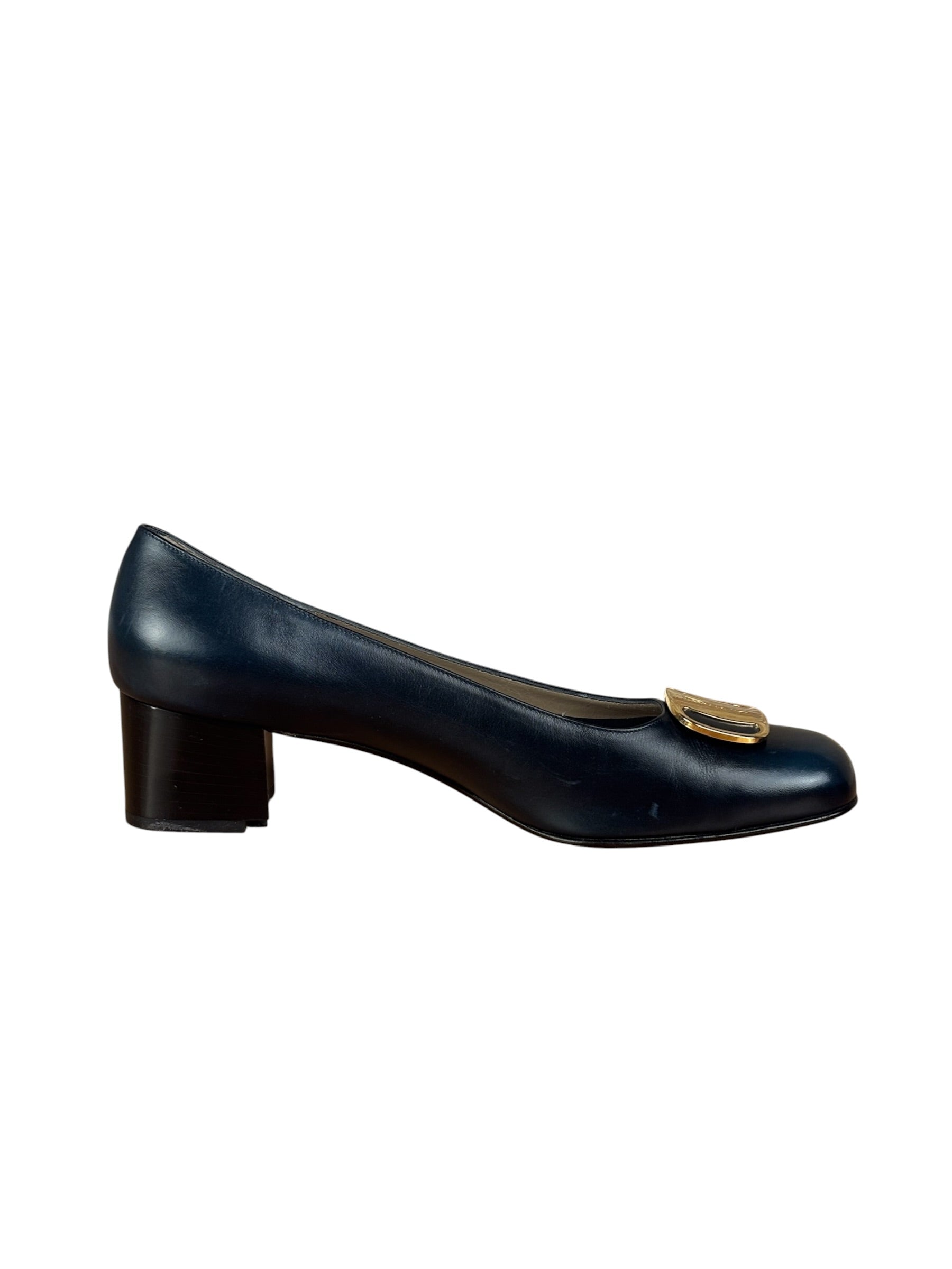 Salvatore Ferragamo Blue Gold Buckles Pumps