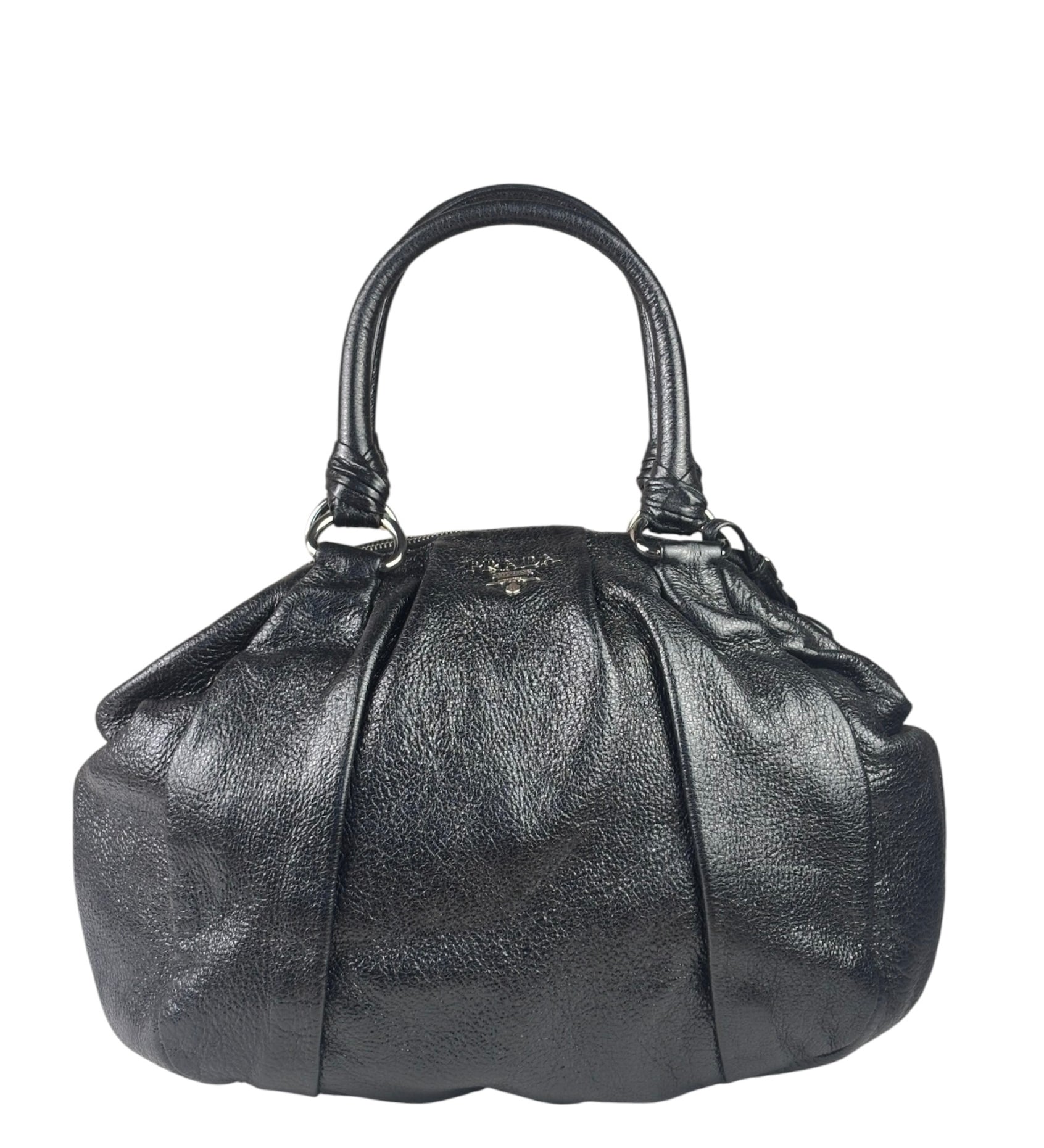 Prada Shiny Black Cervo Pleated Shoulder Bag
