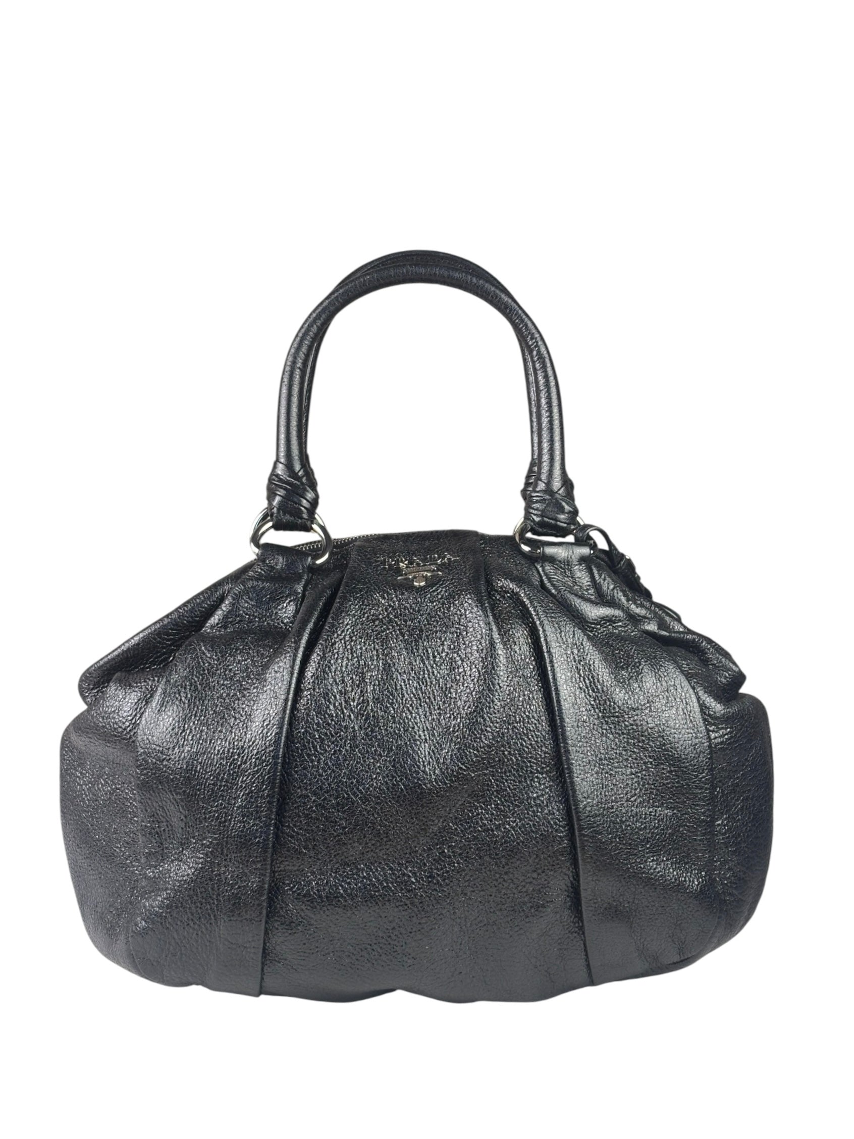 Prada Shiny Black Cervo Pleated Shoulder Bag