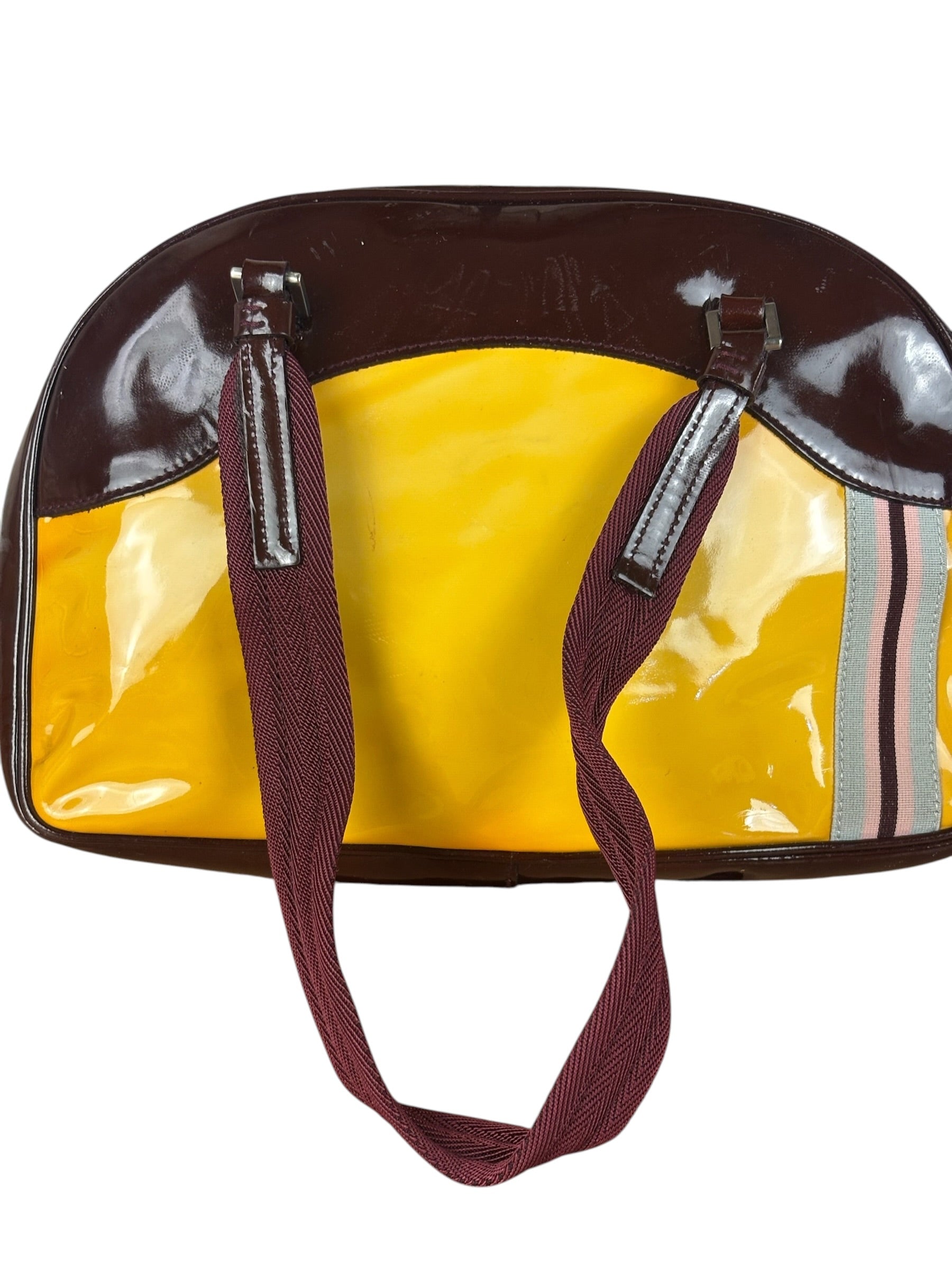 Prada Vintage Yellow/Burgundy Patent Leather Bowler Shoulder Bag