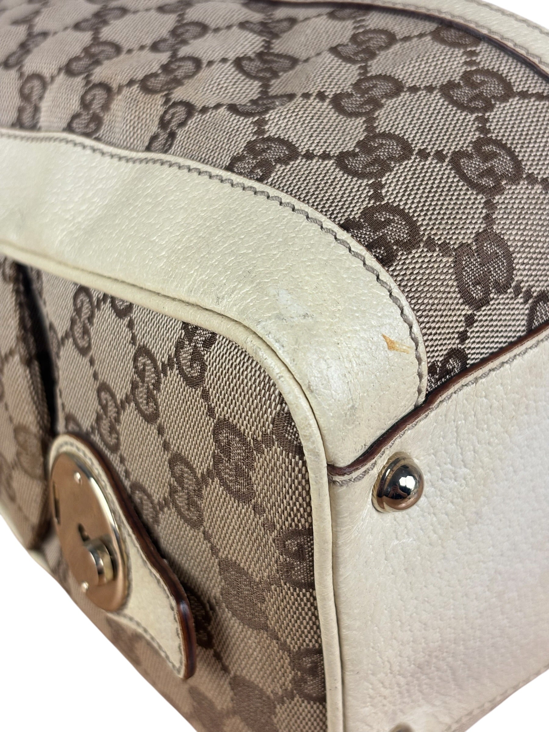 Gucci Leather Trim Monogram Canvas Web Stripe Tote Bag