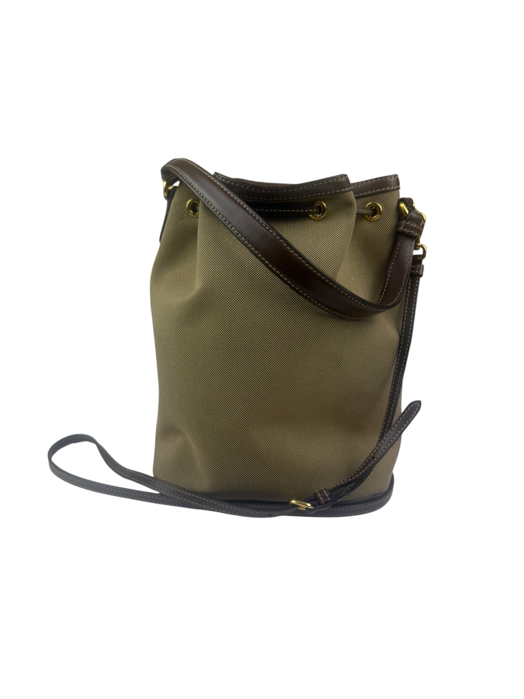 Prada Tan Beige Leather Trim Jaquard Canvas Bucket Bag