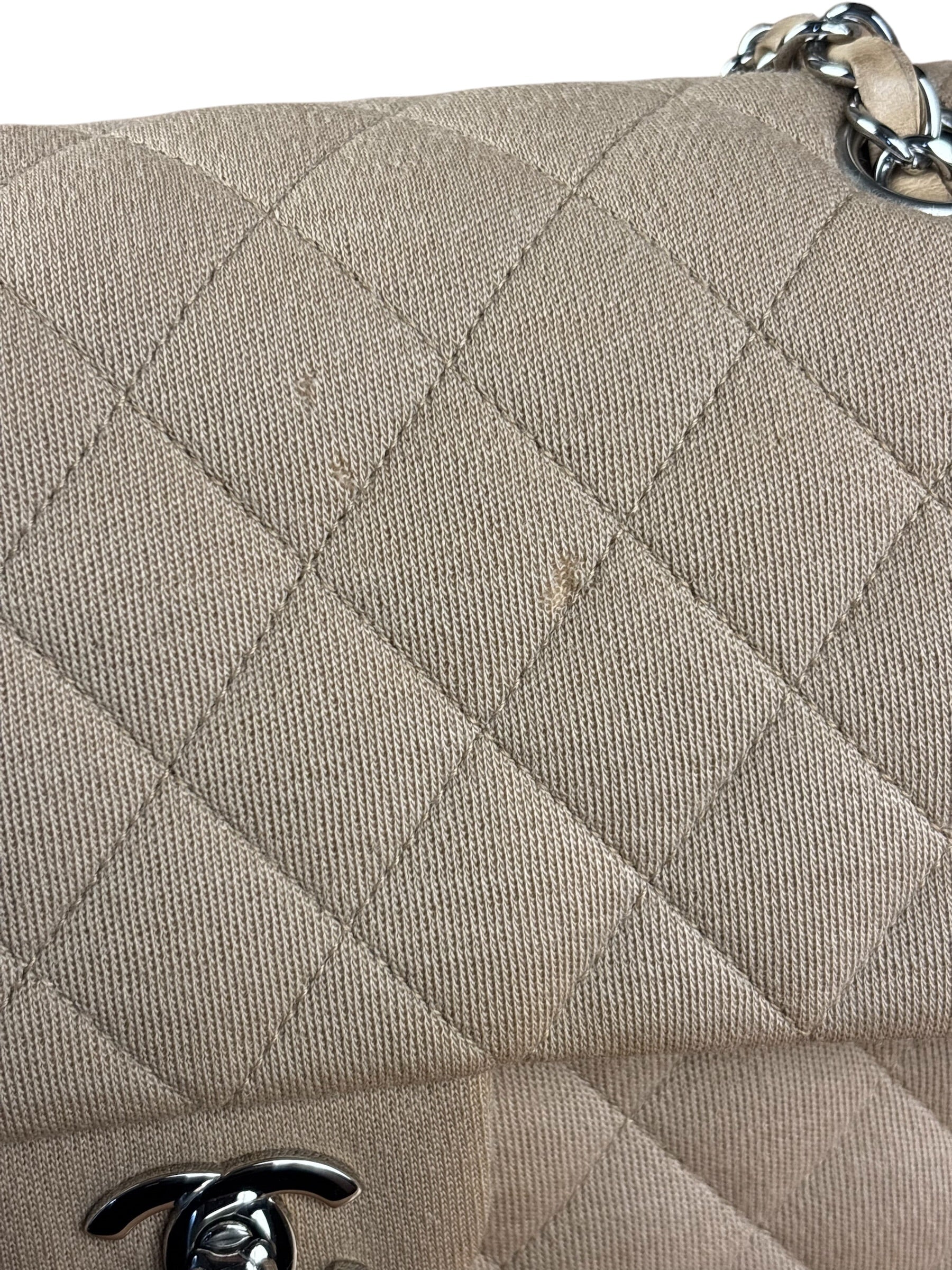 Chanel Beige Jersey Leather Trim Classic Double Flap Bag 2005